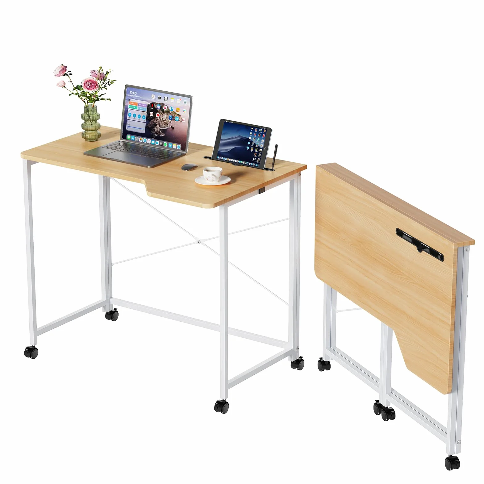 Escritorio Plegable con Ranura para Tablet y 4 Ruedas, 90x56x75cm, Mesa Plegable Escritorio para Ordenador pequeño Plegable, para estudiar, Trabajar, Dormitorio, Oficina en casa, Marrón