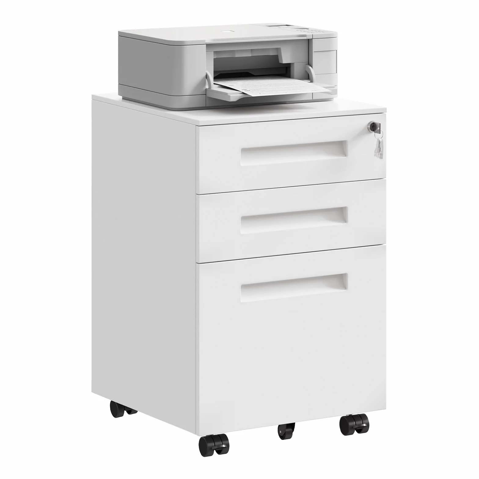 WOLTU Cajonera de Oficina Armario Archivador Móvil con Cerradura, Cajonera con Ruedas para Archivos A4 Carpetas Colgantes, Mueble Archivador Metálico para Oficina, Blanco SK023ws