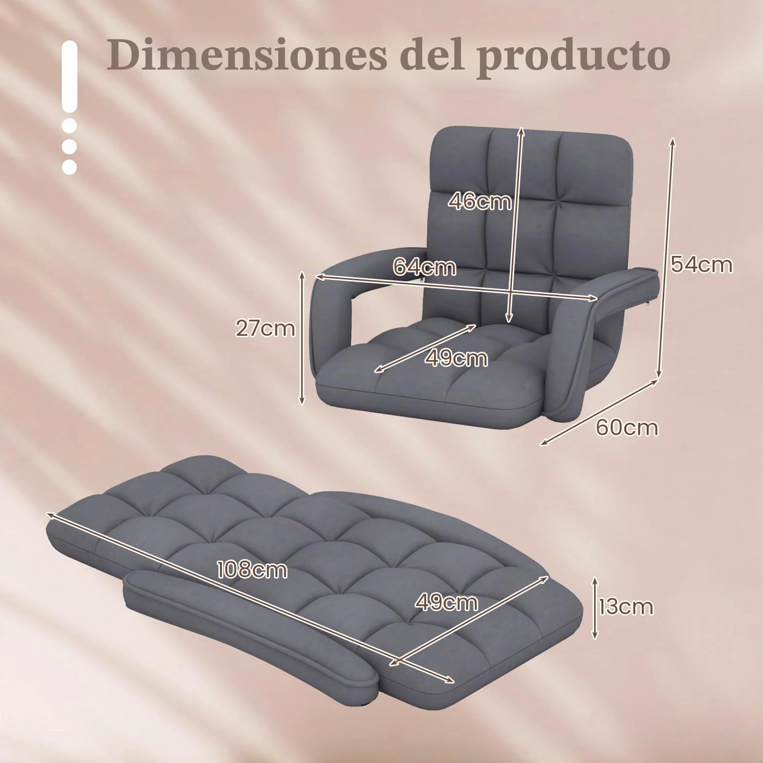 RELAX4LIFE Sillón Plegable de Suelo Ajustable en 6 Posiciones, Sofá Suelo de Tela de Gamuza, Sillón Perezoso con Respaldo, Reposabrazos y Marco Metal para Sala de Estar, Dormitorio, Balcón (Gris)