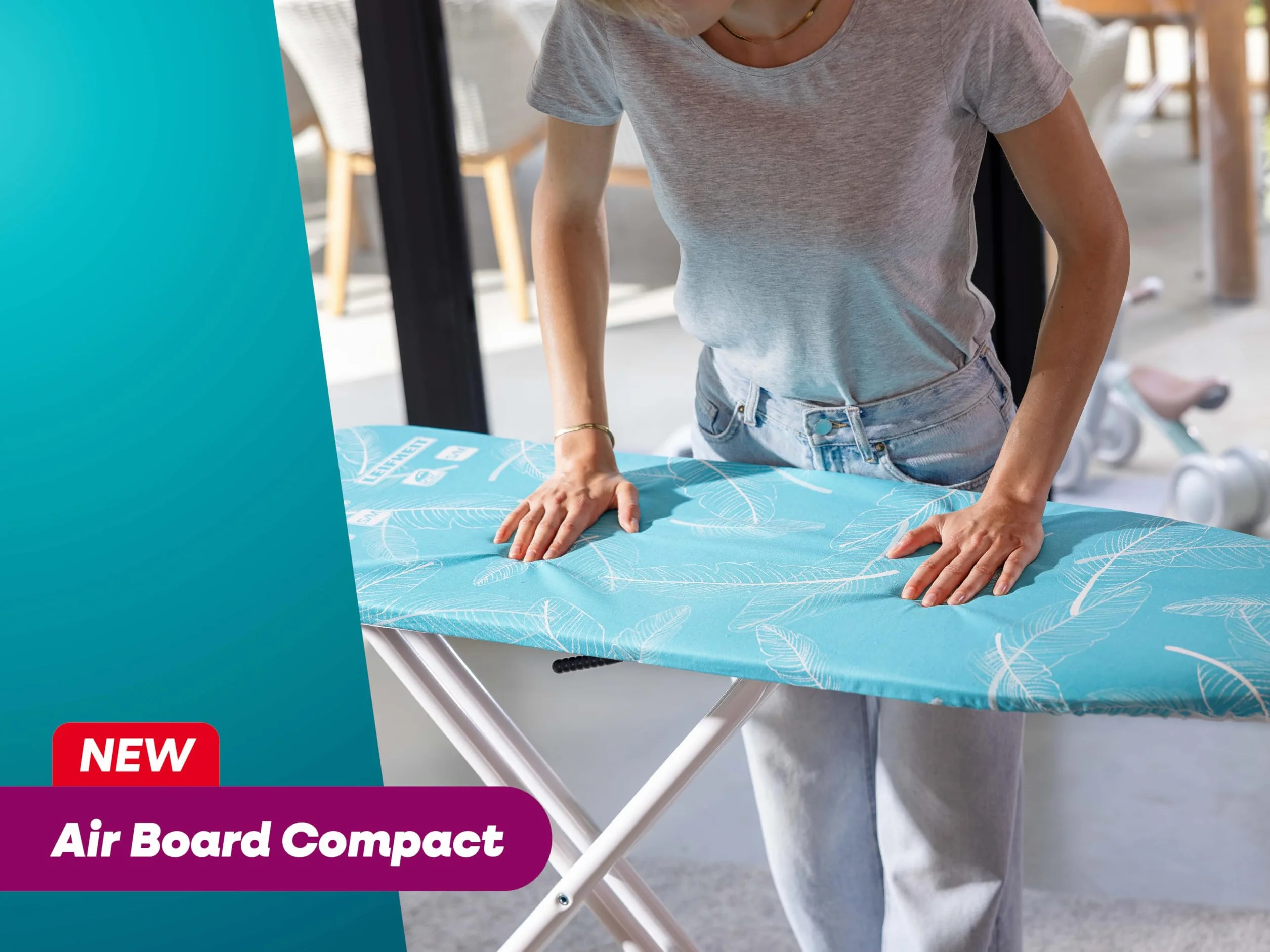 Leifheit Tabla de Planchar Air Board M Compact, Thermo-Reflect | Superficie 120 x 38 cm, altura regulable 78-98 cm, ultraligera, plegable, soporte para plancha y cable integrado