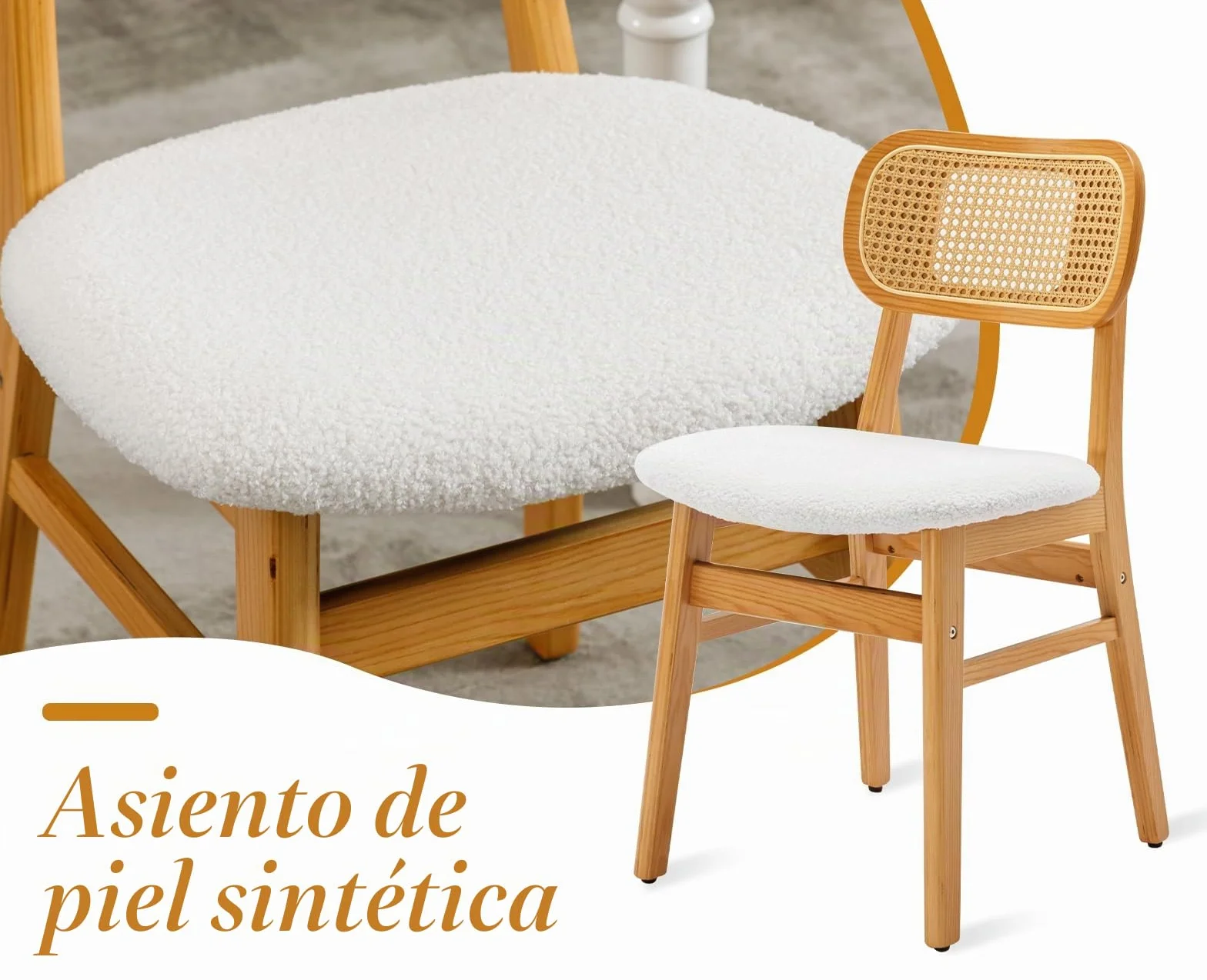 chairus Juego 2 de Sillas de Comedor Madera Maciza Sillas de Cocina con Respaldo Ratán, Sillas Rústica Tapizado en Lana Sintética para Restaurante/Cafetería, Beige