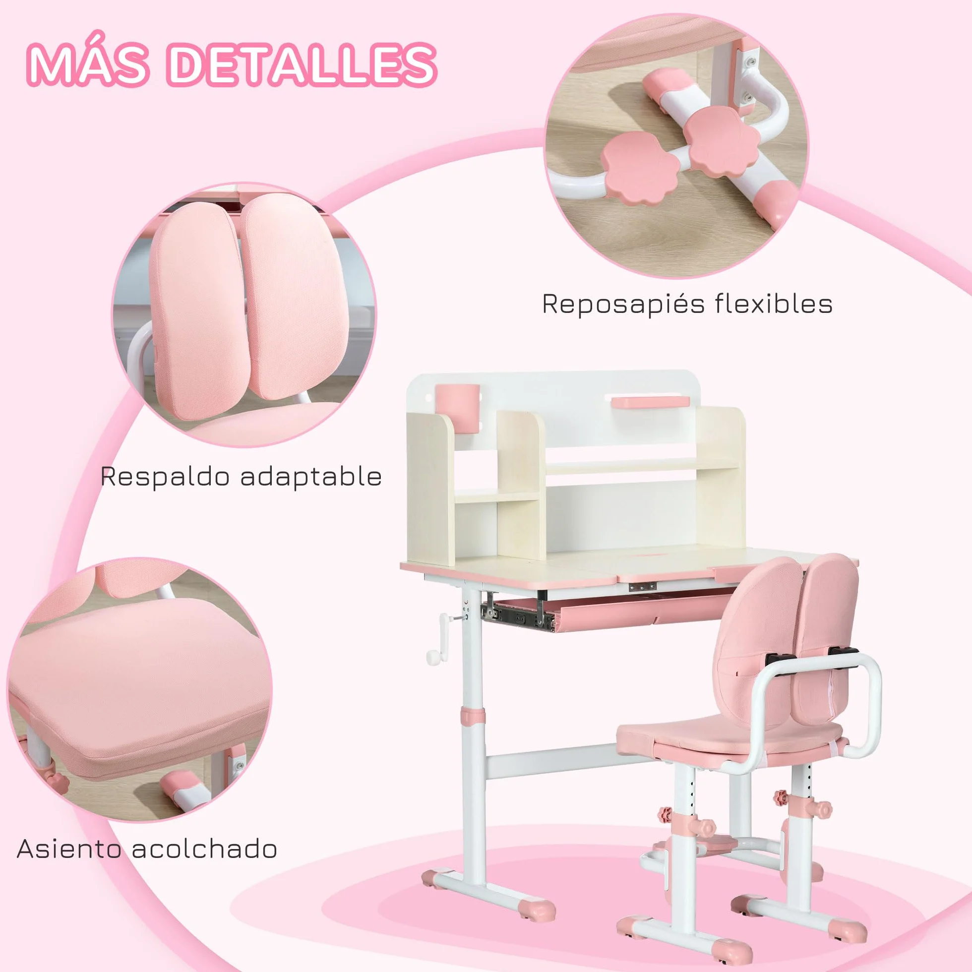 HOMCOM Pupitre Infantil Altura Ajustable con Cajón y Estante 80x52x88-109 cm Rosa y Blanco