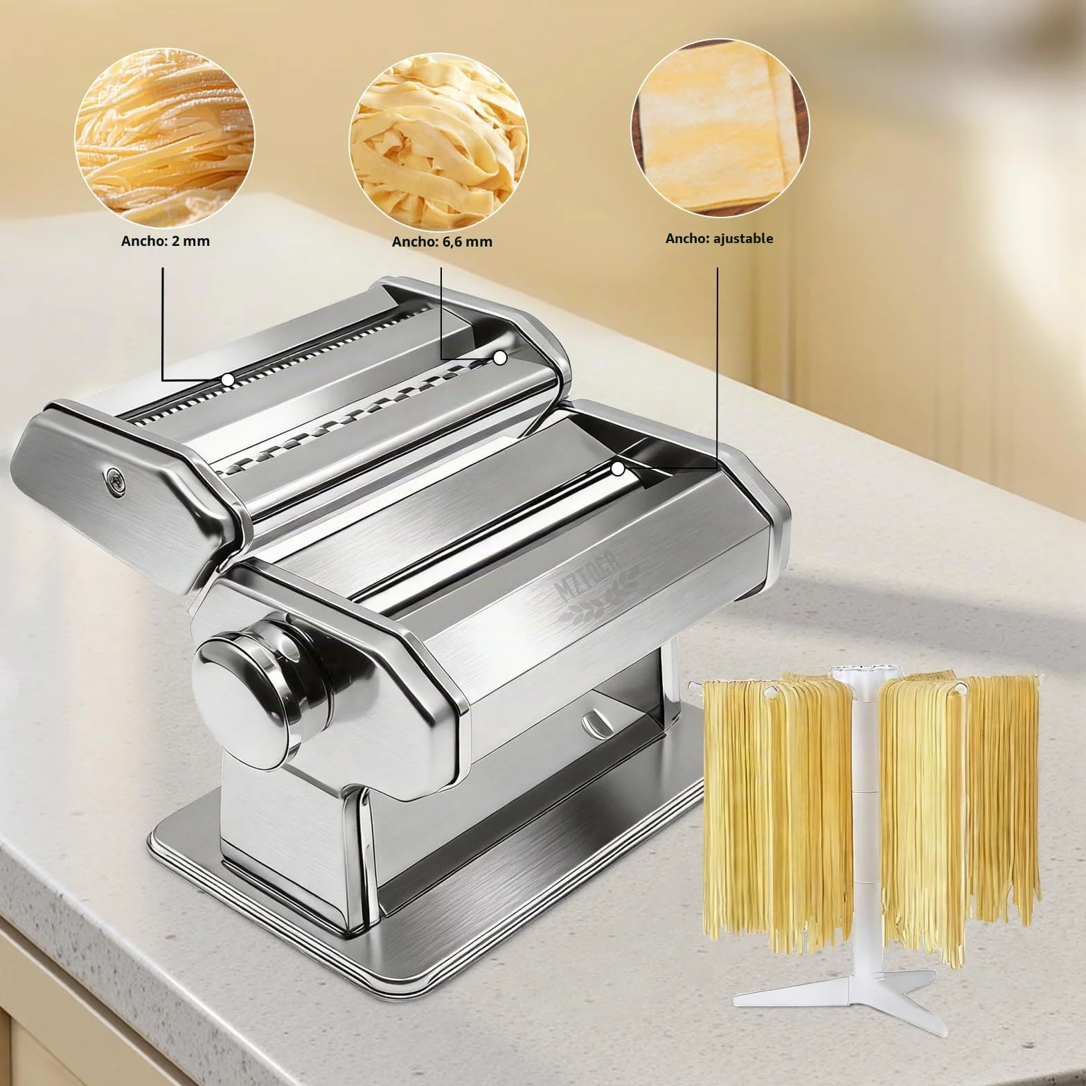 MZTOGR Máquina para hacer pasta y raviolis, juego de 6 piezas de acero de 150 mm con 9 ajustes de grosor ajustables, incluye accesorio para hacer raviolis, estante de secado de pasta