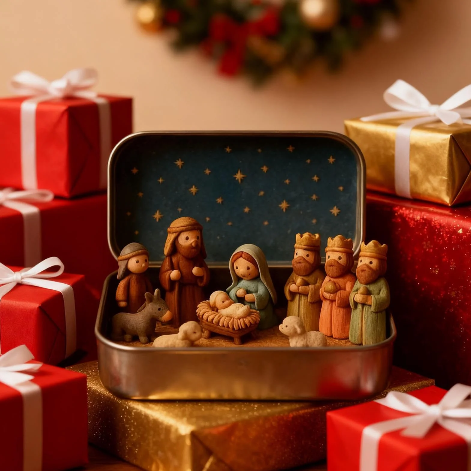 Belen Navideño Decorativo 13x2,5x8cm Figura Nacimiento Navidad Pequeño Belen Caja Lata Decoración