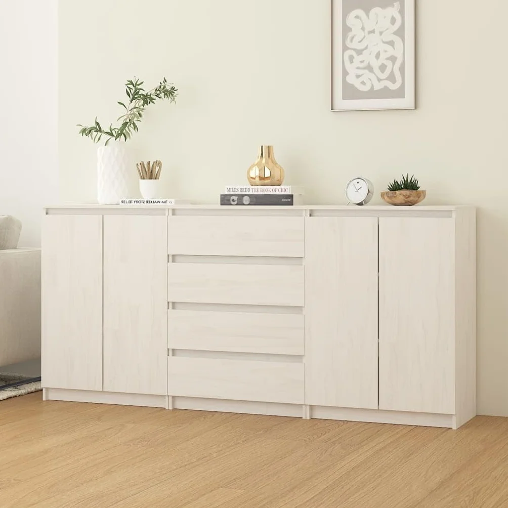 vidaXL 3X Madera Maciza de Pino Armario Auxiliar Lateral Auxiliar Alacena Entrada Sala de Estar Almacenaje Organizador Salón Mueble Blanco