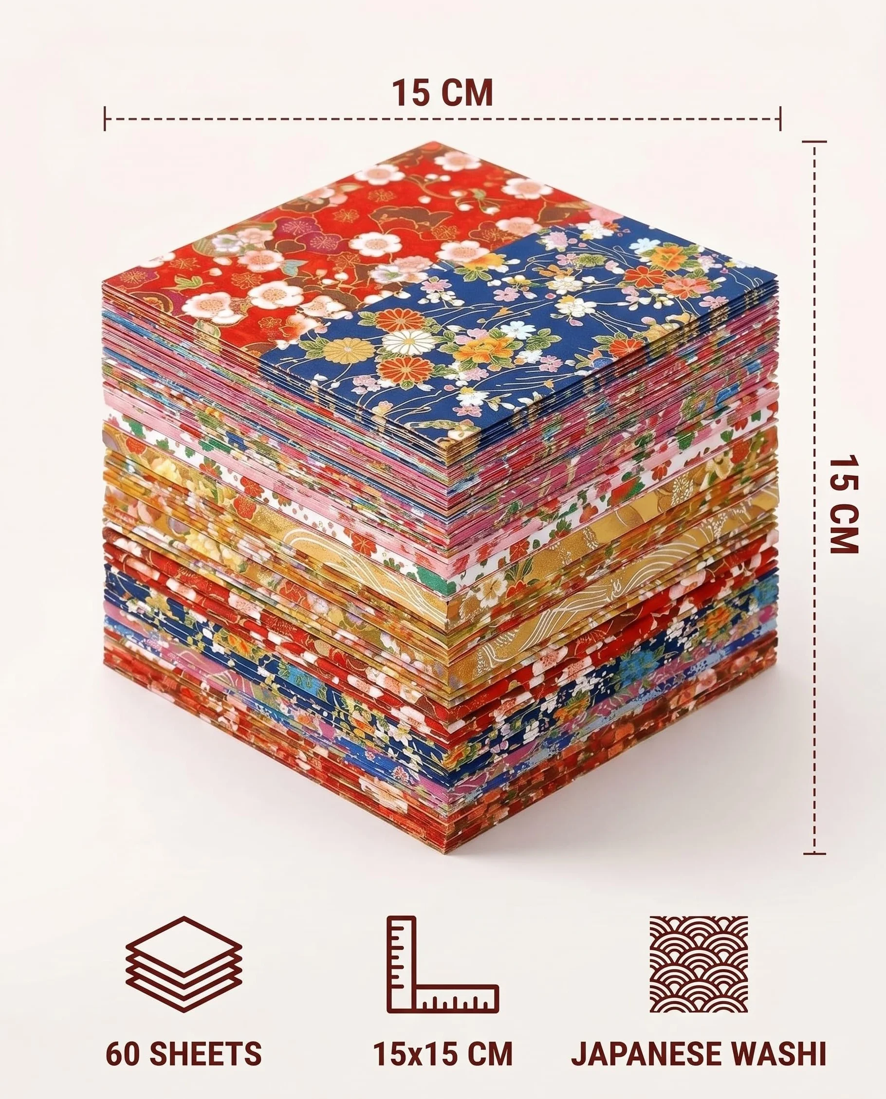 Papel Origami 15x15 cm 60 Hojas Japonés Tradicional Doble Cara Diseños Florales para Manualidades y Decoración