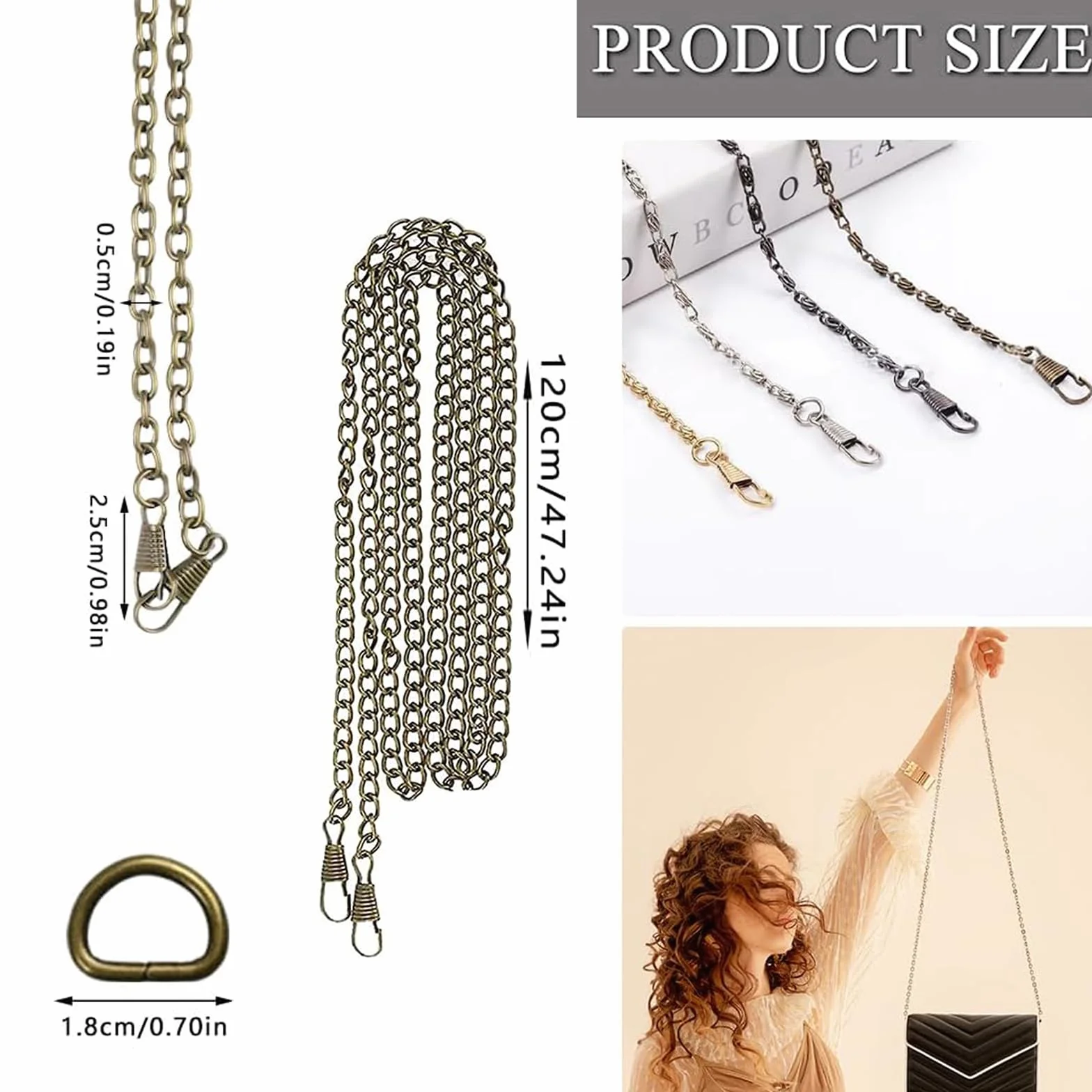 Cadena para Bolso DIY 120 cm 8 Piezas con 16 Anillas en D Plata Oro Bronce Color Arma