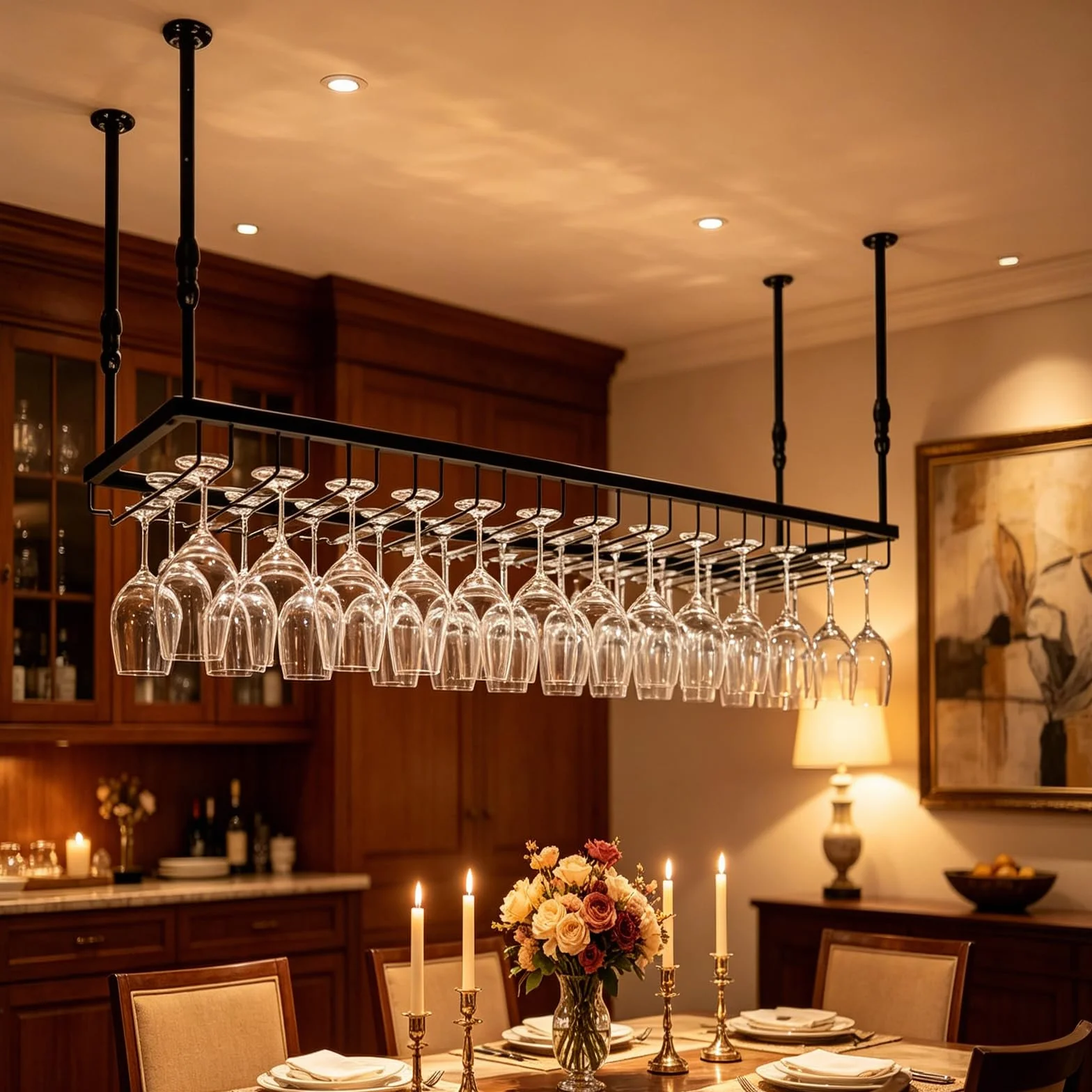Soporte para Copas de Vino Colgante de Techo de Metal, Altura Ajustable Estilo Industrial – Colgador de Copas y Botellero para Bar, Café, Cocina y Club (Negro, 121cm)