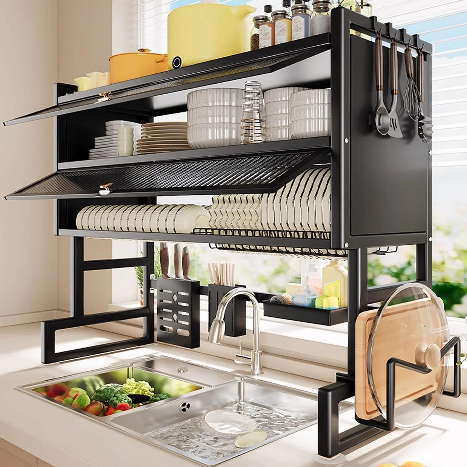 Doble capa Gran capacidad cocina escurreplatos, cocina encimera platos organizador, fregadero escurridor de platos, cubiertos escurreplatos para fregadero sobre.(95cm)