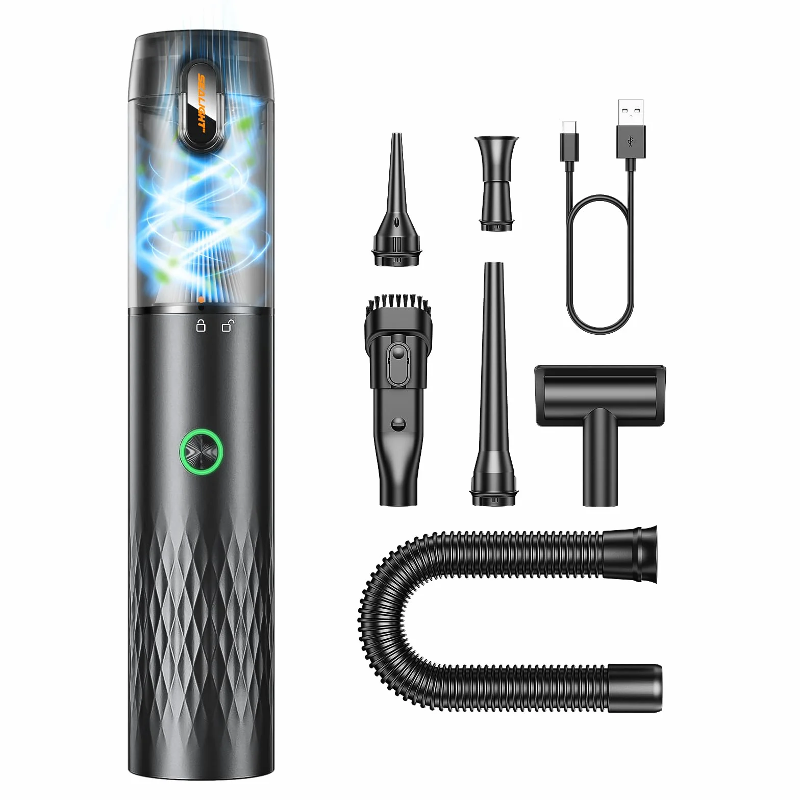 SEALIGHT Aspirador de Mano, 29000Pa Mini Aspirador Recargable con 40 Minutos Duración Batería, 4 en 1 Aspiradoras de Mano con Motor sin Escobillas, 2 Niveles Aspirador sin Cable para Coche