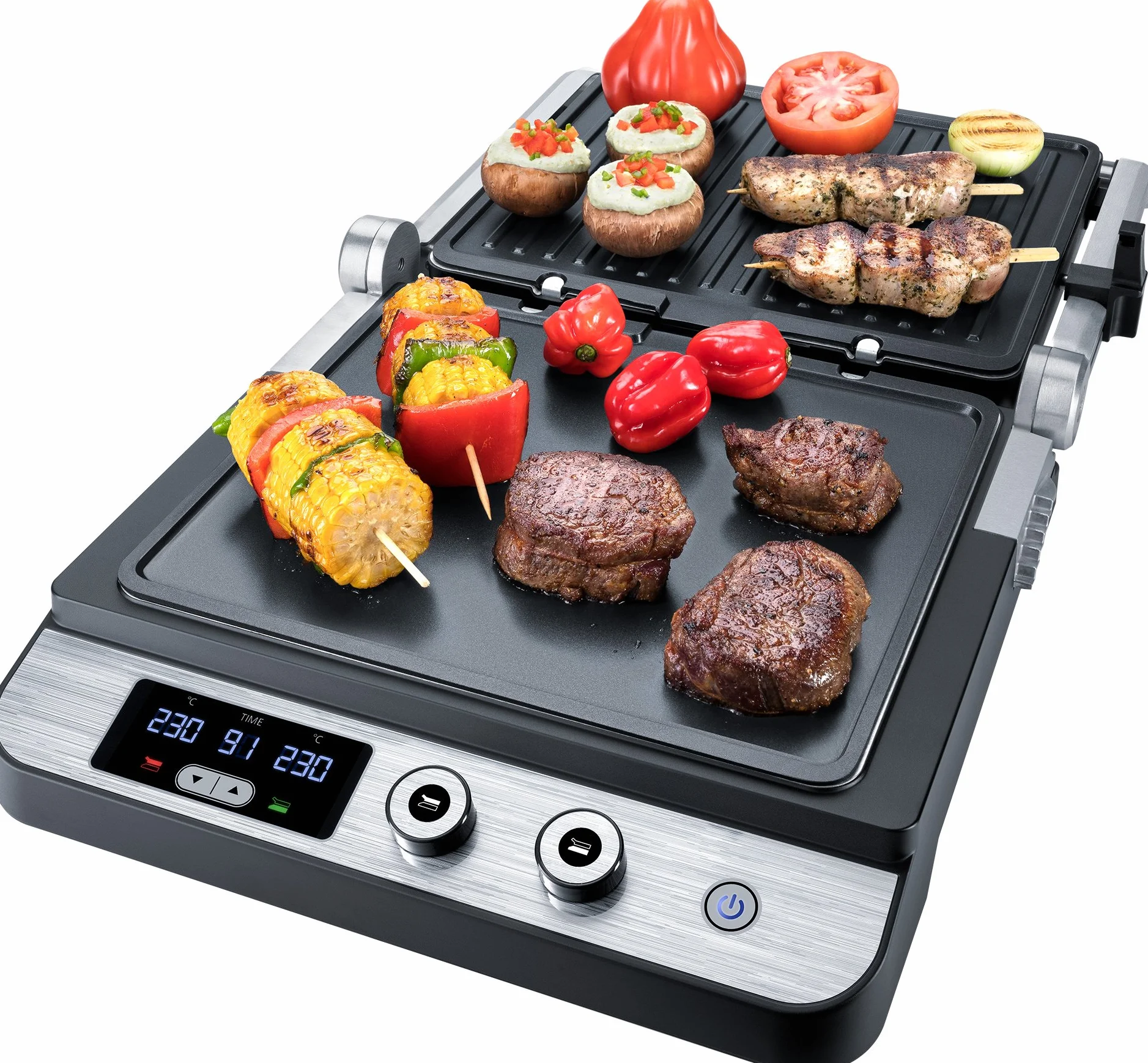 Grill bajo en grasa Steba con carcasa de acero inoxidable, gran superficie de grill antiadherente: 2 x 27 x 24 cm, gratinado por contacto, gratinado, gratinado abierto en doble superficie, FG 120