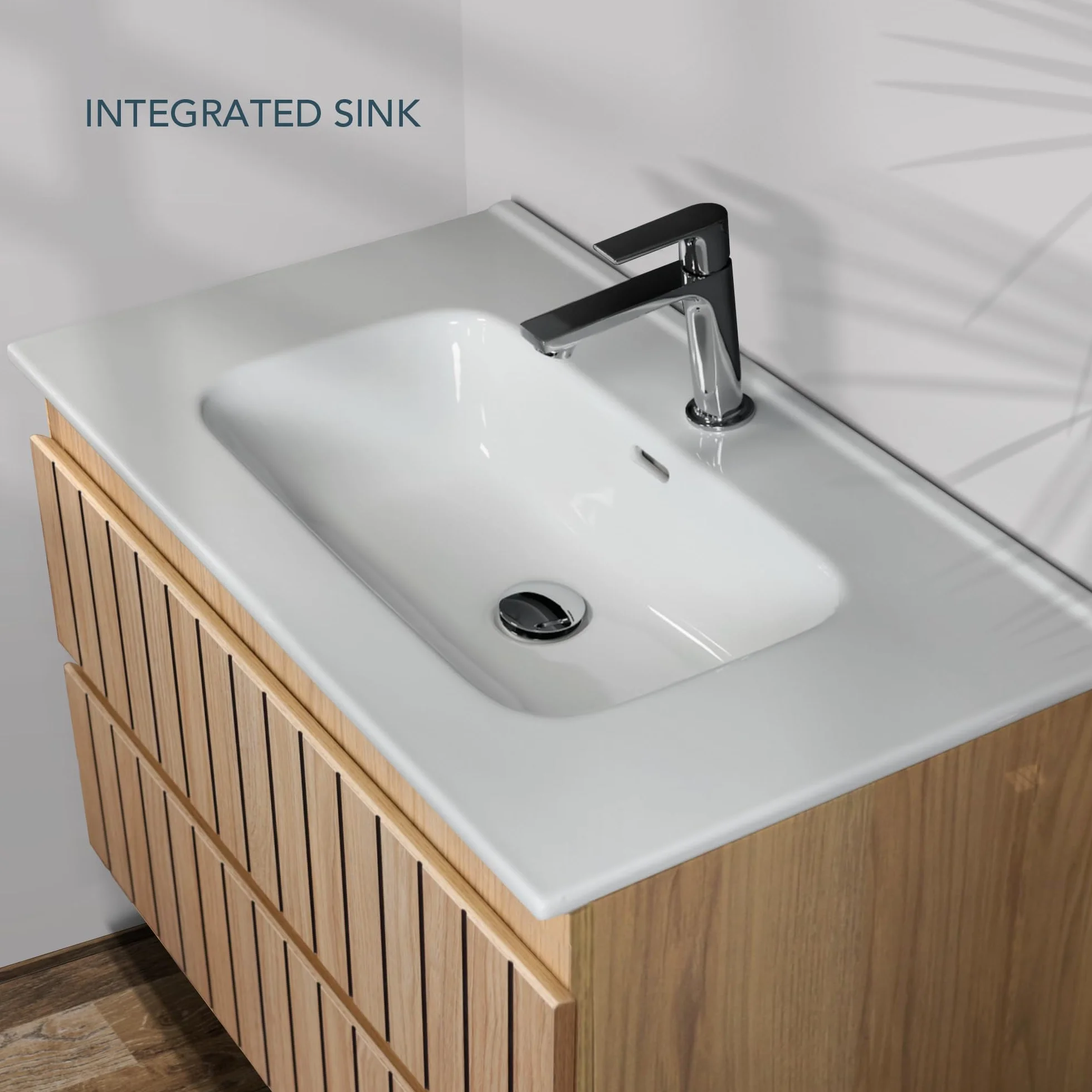 Conjunto Mueble Baño Tiger 100 cm Roble Nórdico con Encimera Cerámica Blanca Brillo, Lavabo Incluido, 2 Cajones Soft Close, Diseño Suspendido, Gran Almacenaje práctico y Funcional