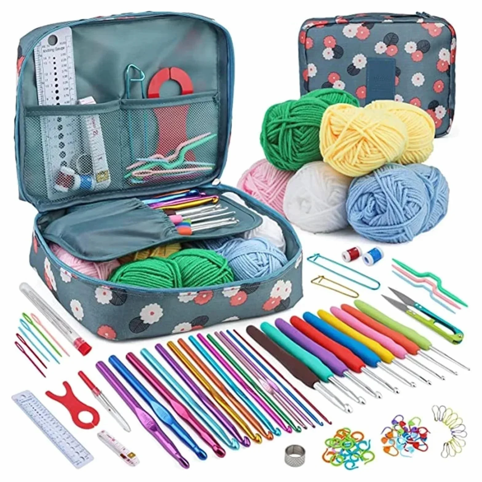 Kit Ganchillo Juego de bolsa de crochet portátil, herramienta for tejer lana, regla de costura, agujas, hilo, kit completo de material de crochet(107 pcs set)