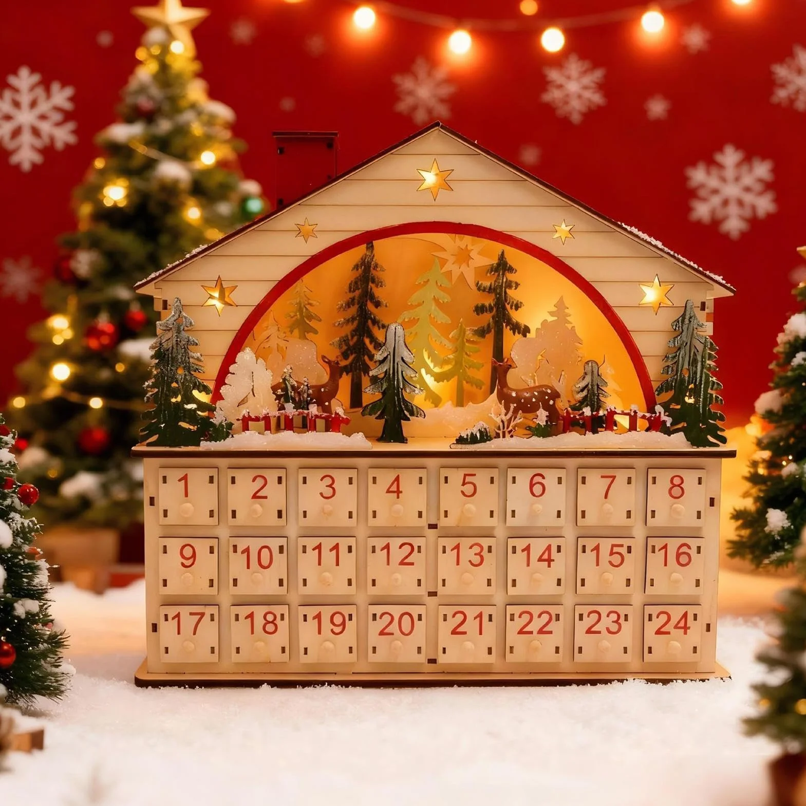 Cuenta Atrás Navidad 24 Días Gabinete de Escritorio Forma Casa Madera | Calendario de Cuenta Atrás para Navidad con Cajones para Apartamento Estantería Escritorio Salón Hogar