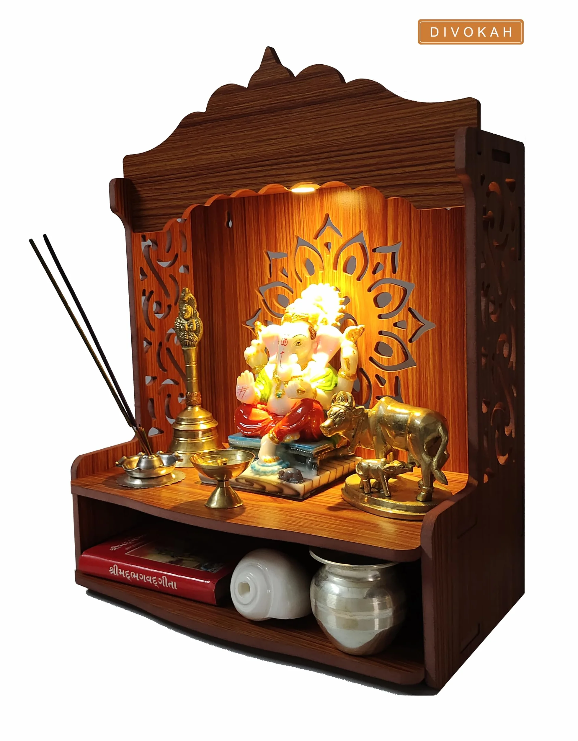 DIVOKAH Hermoso Pooja Mandir de madera para el hogar/templo para el hogar y la oficina/Puja Mandir/Puja Stand/Pooja Mandapam con foco LED (8 mm de grosor de madera contrachapada) (WDN LED OMFLV)