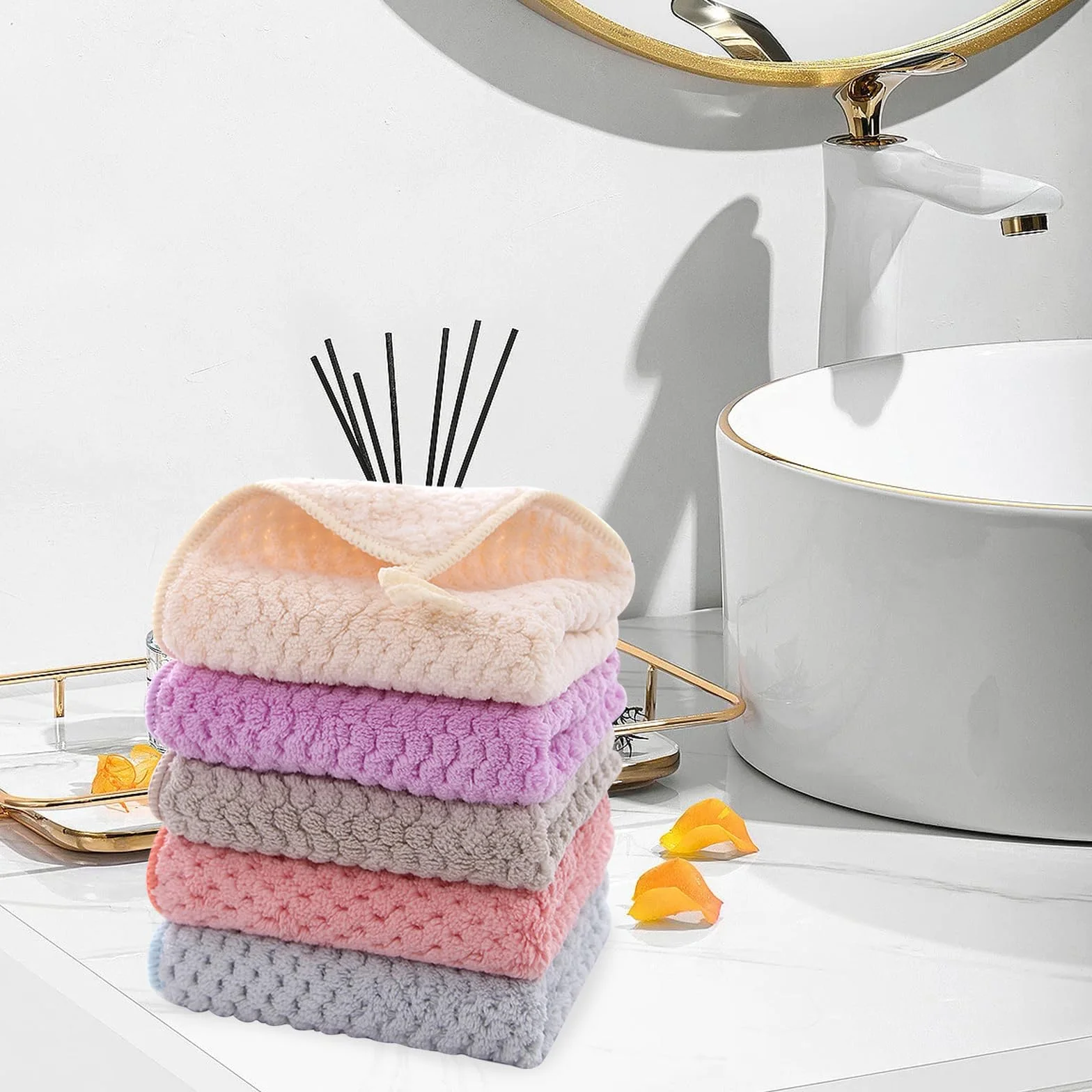 Toallas de mano pequeñas suaves y súper absorbentes con bucles colgantes - Juego de 5 piezas para baño y cocina, lavable a máquina y secado rápido