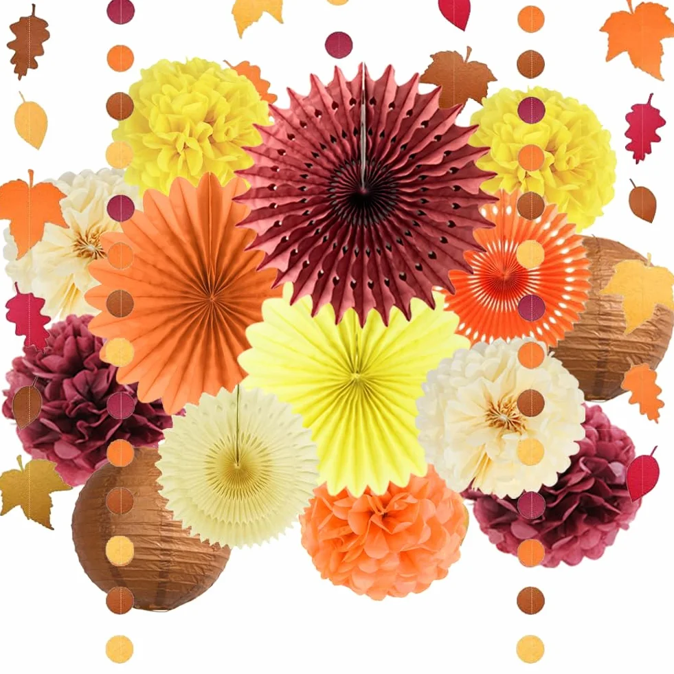 Decoraciones de Fiesta de Otoño: Abanicos de Papel Naranja y Burdeos, Pompones Amarillos, Faroles, Guirnalda de Hojas de Arce, Lunares Circulares para Cosecha, Cumpleaños