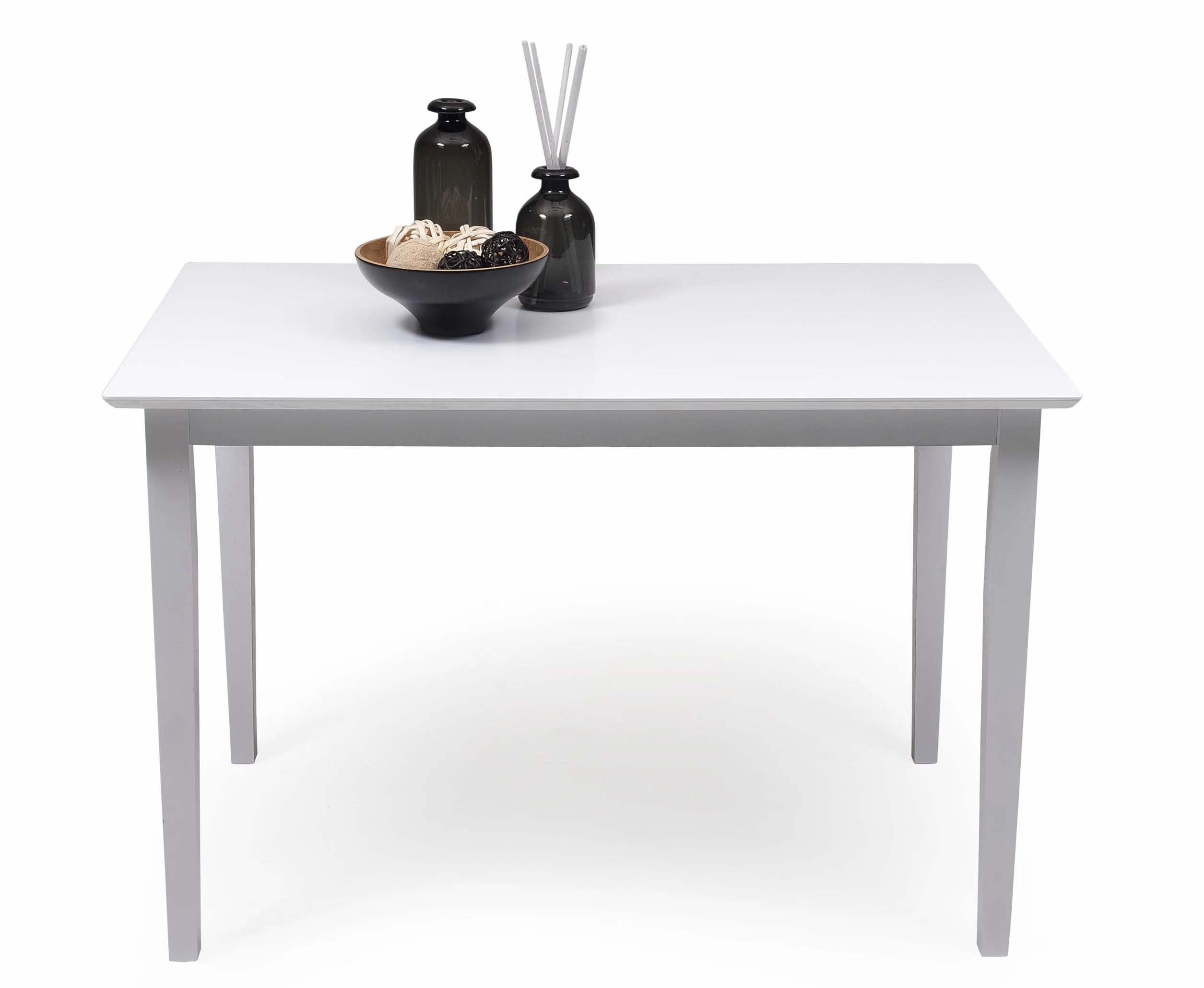 Homely - Conjunto de Comedor Kansas & Dallas White Mesa de Comedor de Madera lacada en Blanco de 112x72 cm y 4 sillas de Comedor de Madera lacadas en Blanco y Asiento tapizado de Tela Gris