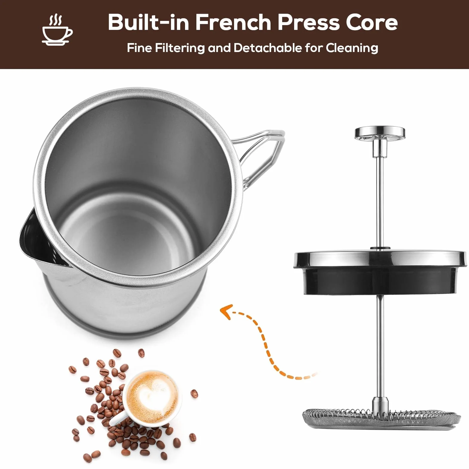 Cafetera de prensa francesa de 1 litro, prensa francesa con mango plegable, acero inoxidable, cafetera de prensa francesa