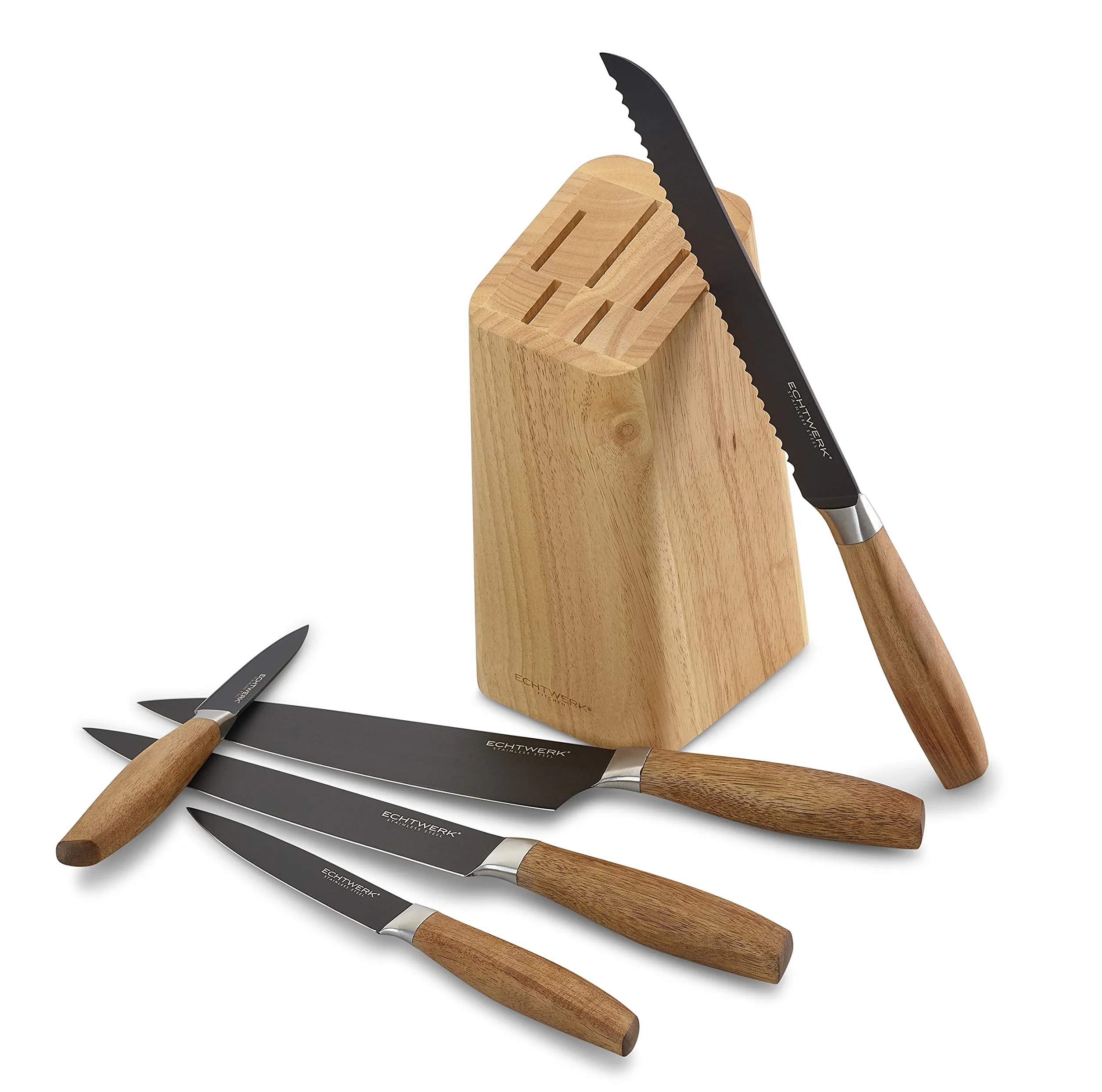 ECHTWERK Juego de cuchillos de cocina de acero, juego de cuchillos de 6 piezas con taco de madera de pakka, juego de cuchillos de cocina, acero especial, extremadamente afilado, Negro-Edición
