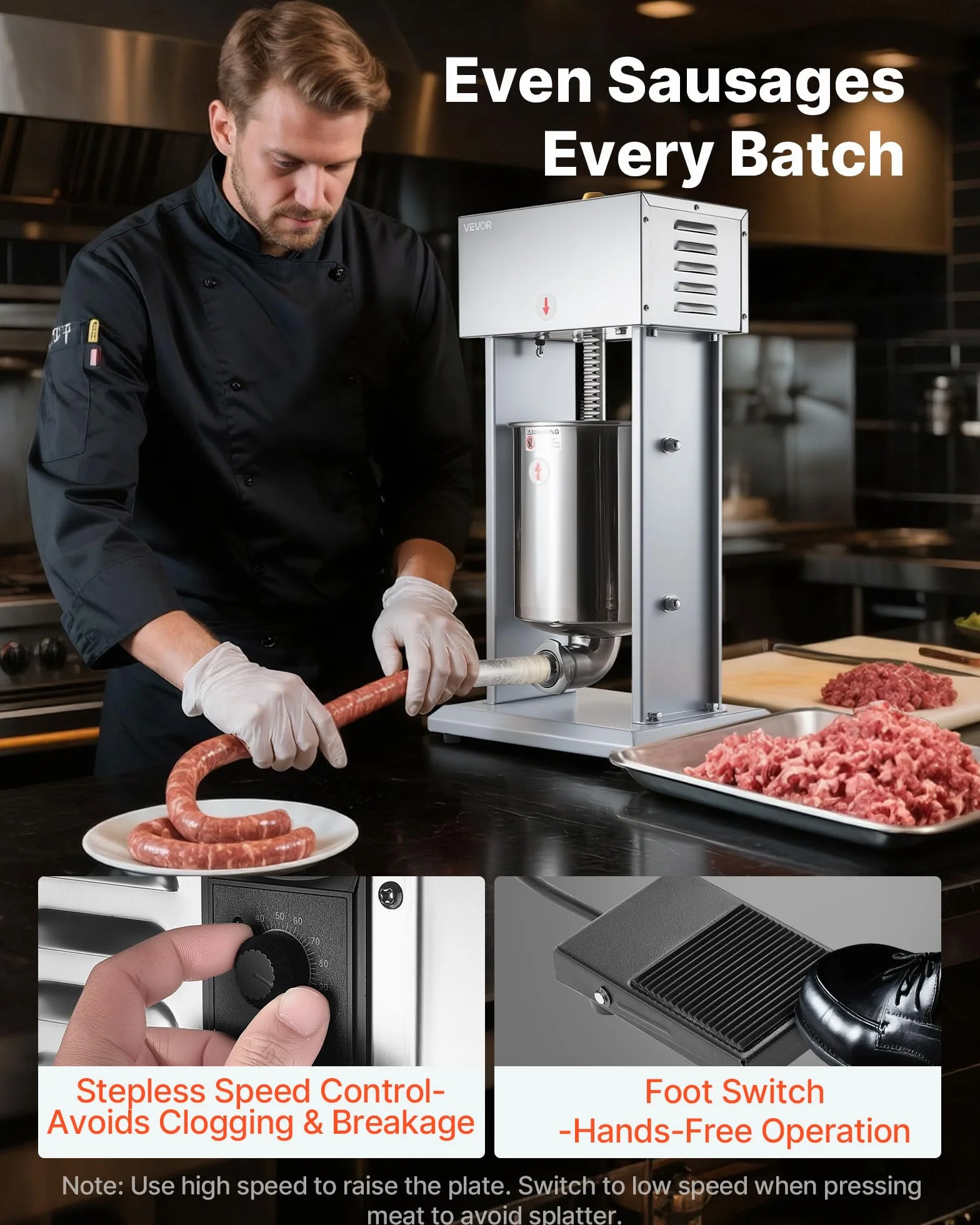 VEVOR Embutidora Eléctrica de Salchichas Capacidad de 10 L, Embutidora Vertical de Acero Inoxidable con Ajuste de Velocidad Continuo, Pedal y 4 Tubos de Llenado, para Restaurante, Supermercado