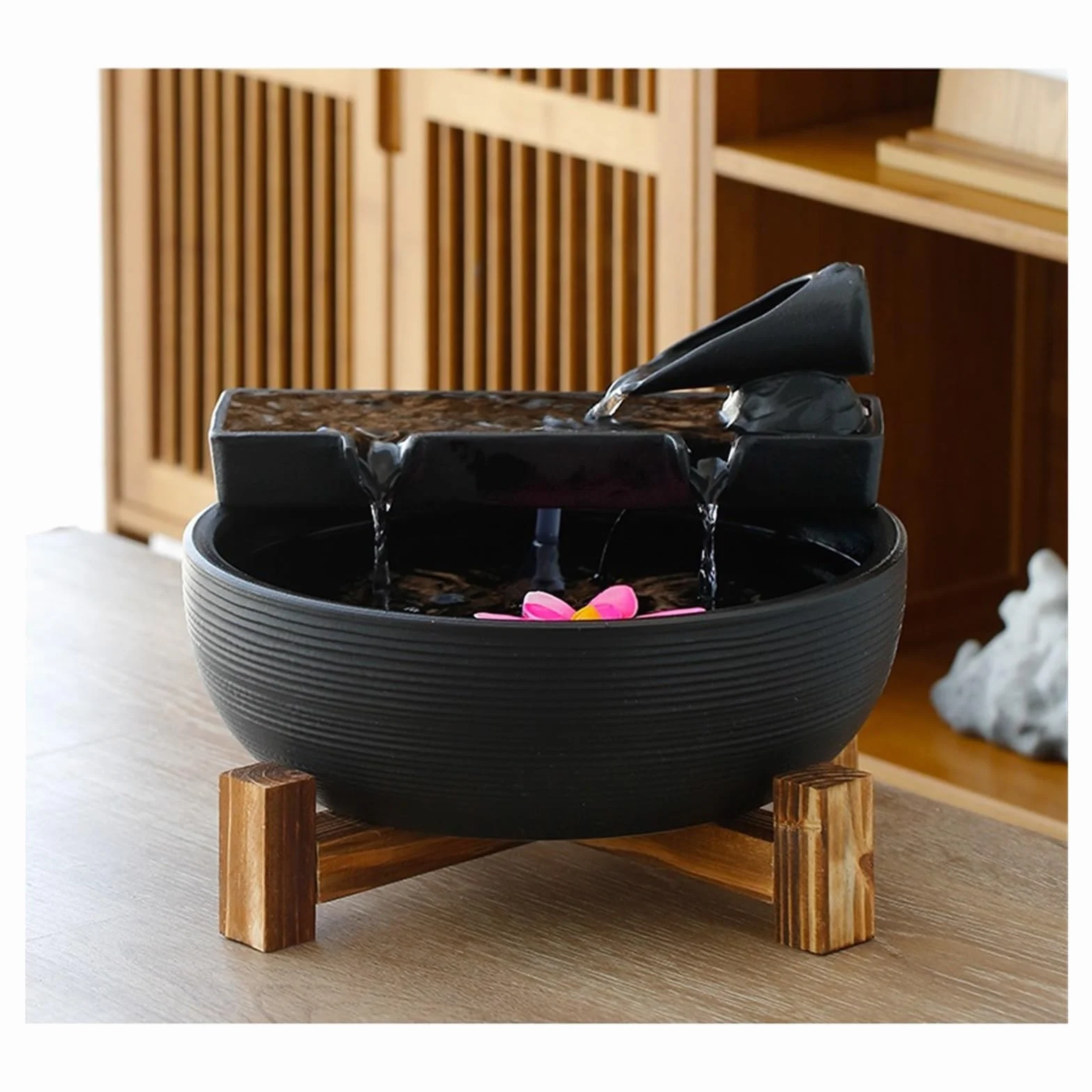 Cascada Fuente de sobremesa China Sencilla, Adornos Agua for Escritorio, Fuente, humidificador, Sala Estar, Mesa té, Decoraciones Oficina Fuente Interior(Black)