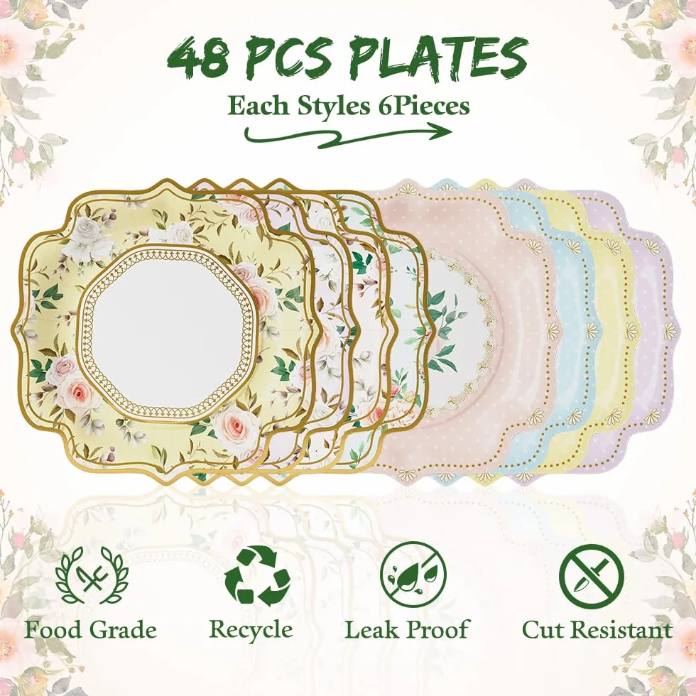 DUBEDAT 48 platos de papel floral de 9 pulgadas, té de la tarde, día de la madre, decoración de fiesta para fiesta de té, baby shower, cumpleaños, boda