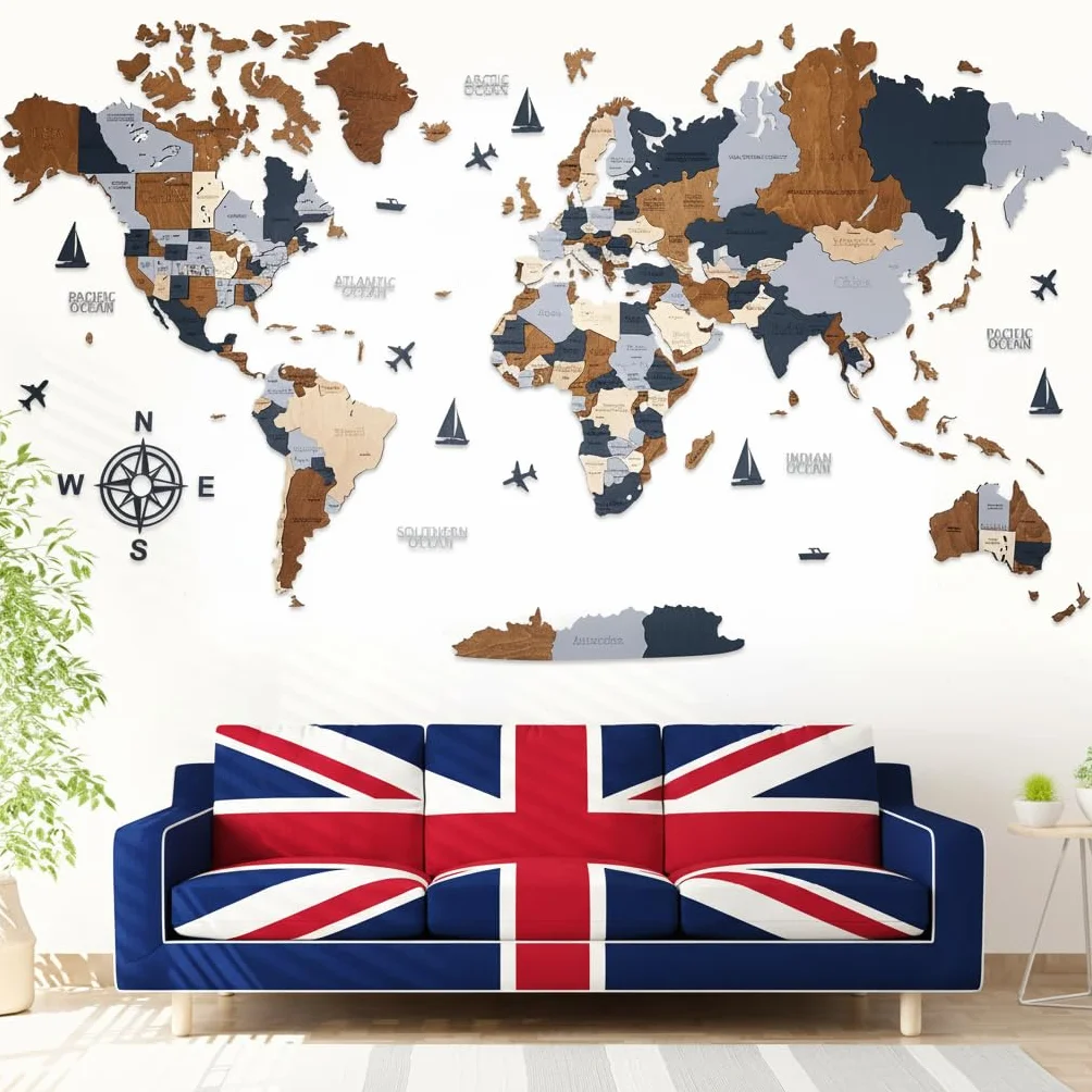 Mapa del Mundo de Madera en Inglés - 3D para Oficina en Casa | Contrachapado de abedul, 324 pines con banderas, 120x62 cm, tono espresso, montaje adhesivo, regalo corporativo duradero