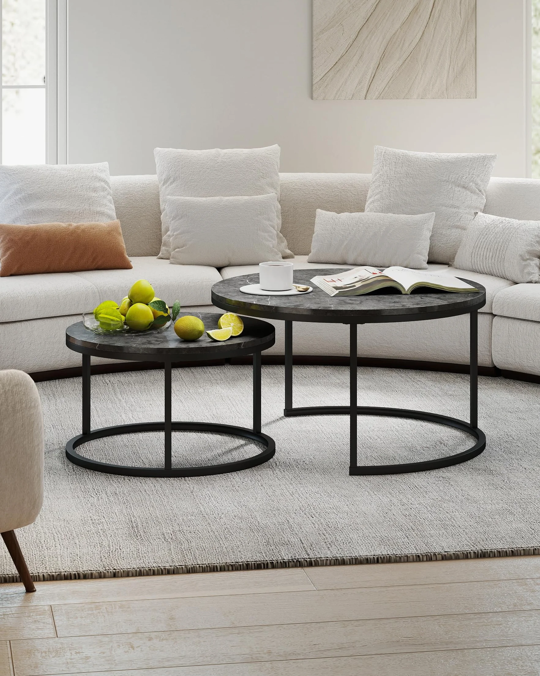 Mesa de Centro Redonda Moderna 2 Piezas 80+60 cm, Mesas Auxiliares para Salón Efecto Mármol Gris y Estructura Metálica Gris Mesa Centro Salon Elegante para Muebles de Salón