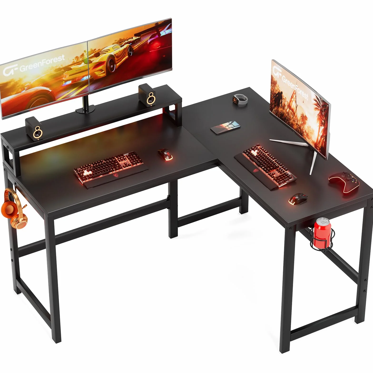 GreenForest Escritorio para juegos en forma de L con portavasos y gancho para auriculares, reversible de 128 cm para computadora con soporte para monitor
