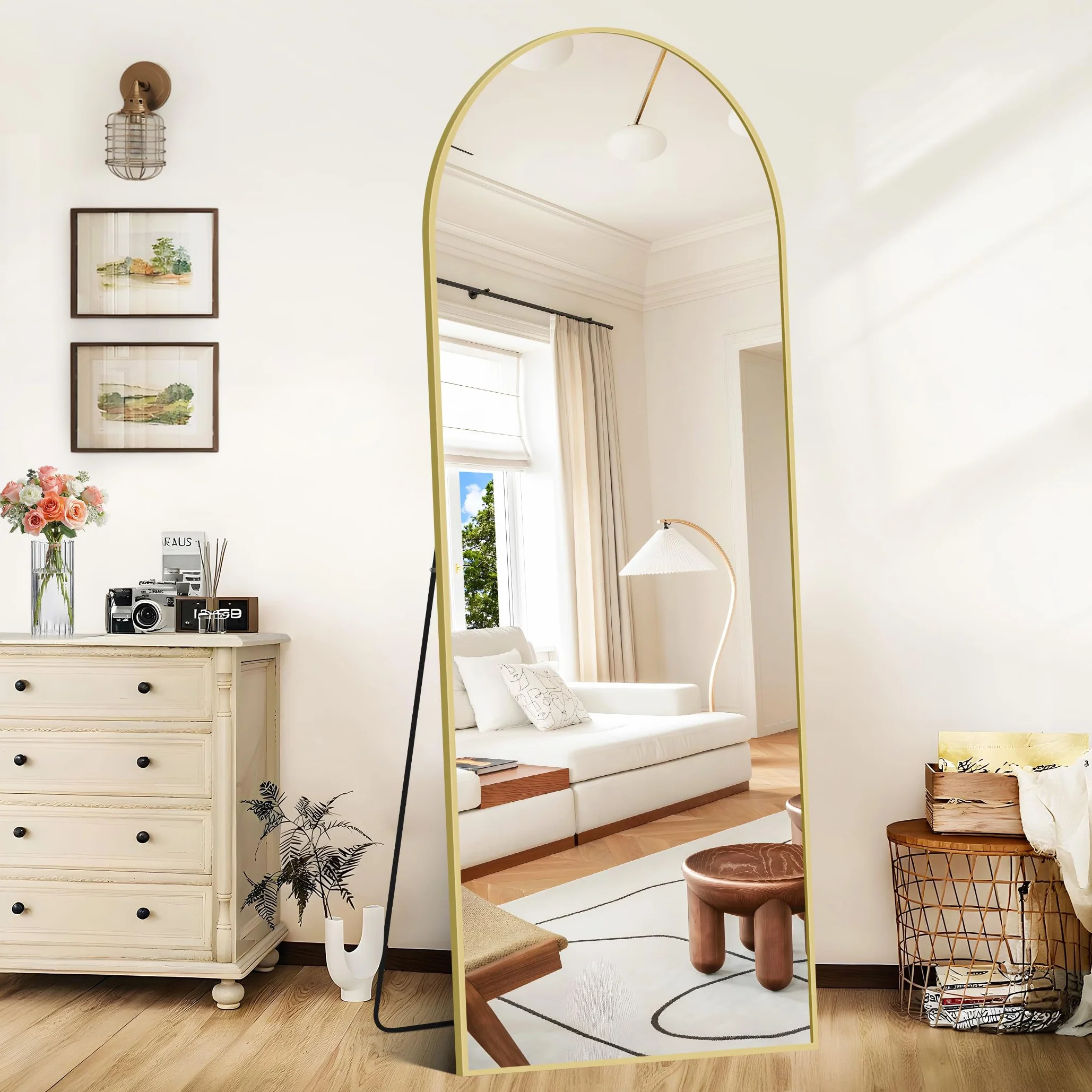COFENY Espejo de Pie Cuerpo Entero Curvado, Espejos Grandes de Pared con Marco de Aluminio 161 x 52 cm, Espejo de Pie Inclinado o Colgante para Salón, Dormitorio, Entrada, Dorado