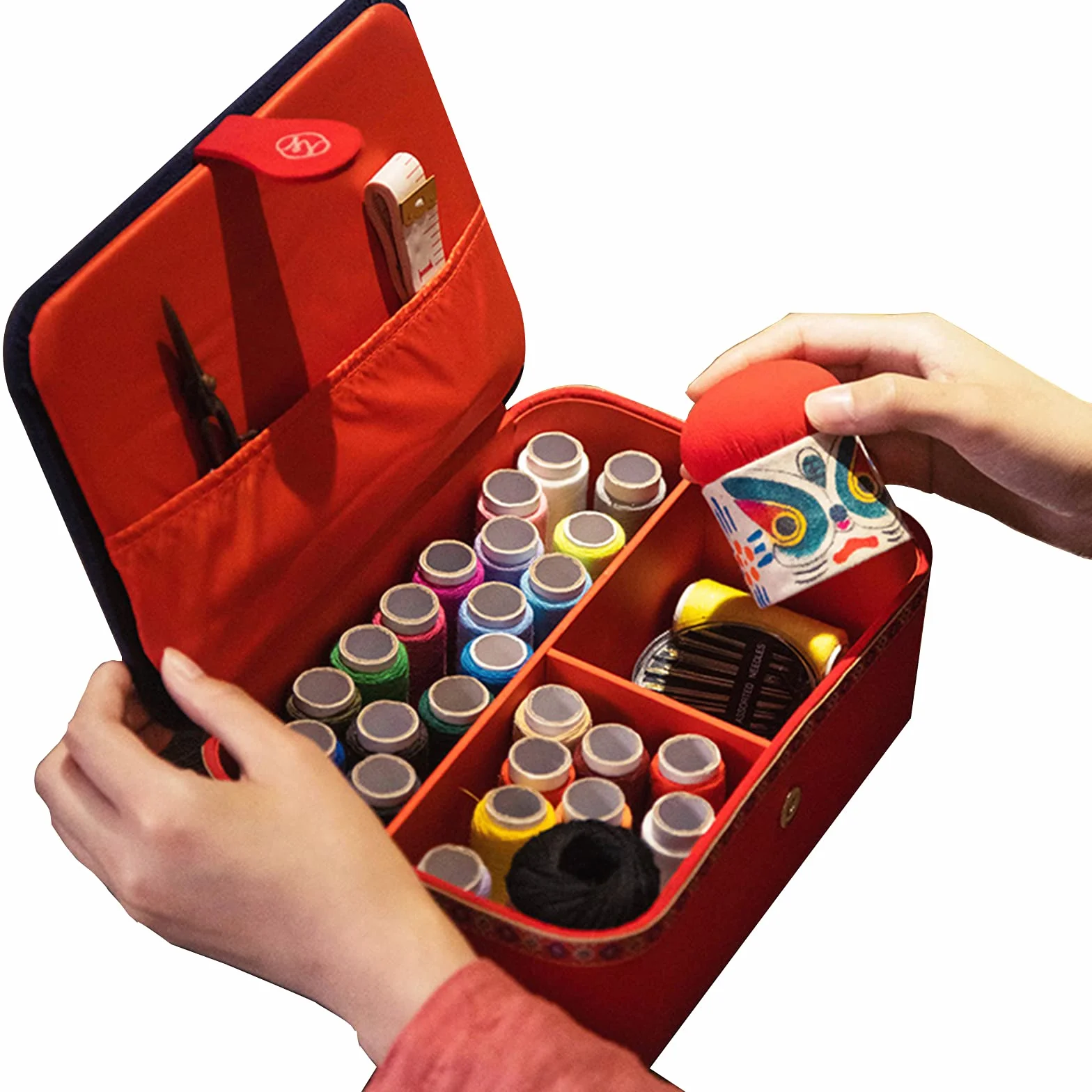 Caja de Costura, Kit de Costura, Caja de Costura Bordada Hecha a Mano con Accesorios, Adecuada for Principiantes, Mujeres, Rojo, 15,5x23 cm