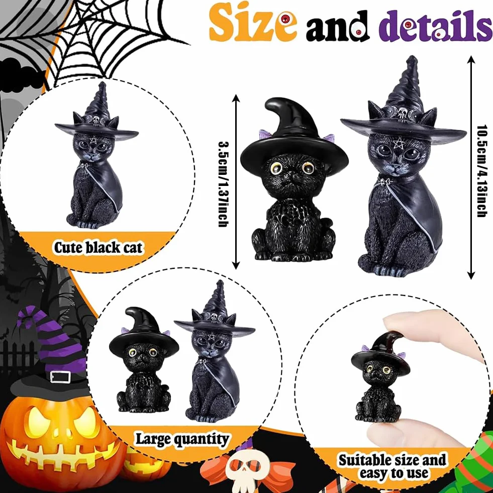 Set de Decoración de Gato-Bruja para Halloween, Figura de Resina con Sombrero de Bruja y 50 Pegatinas