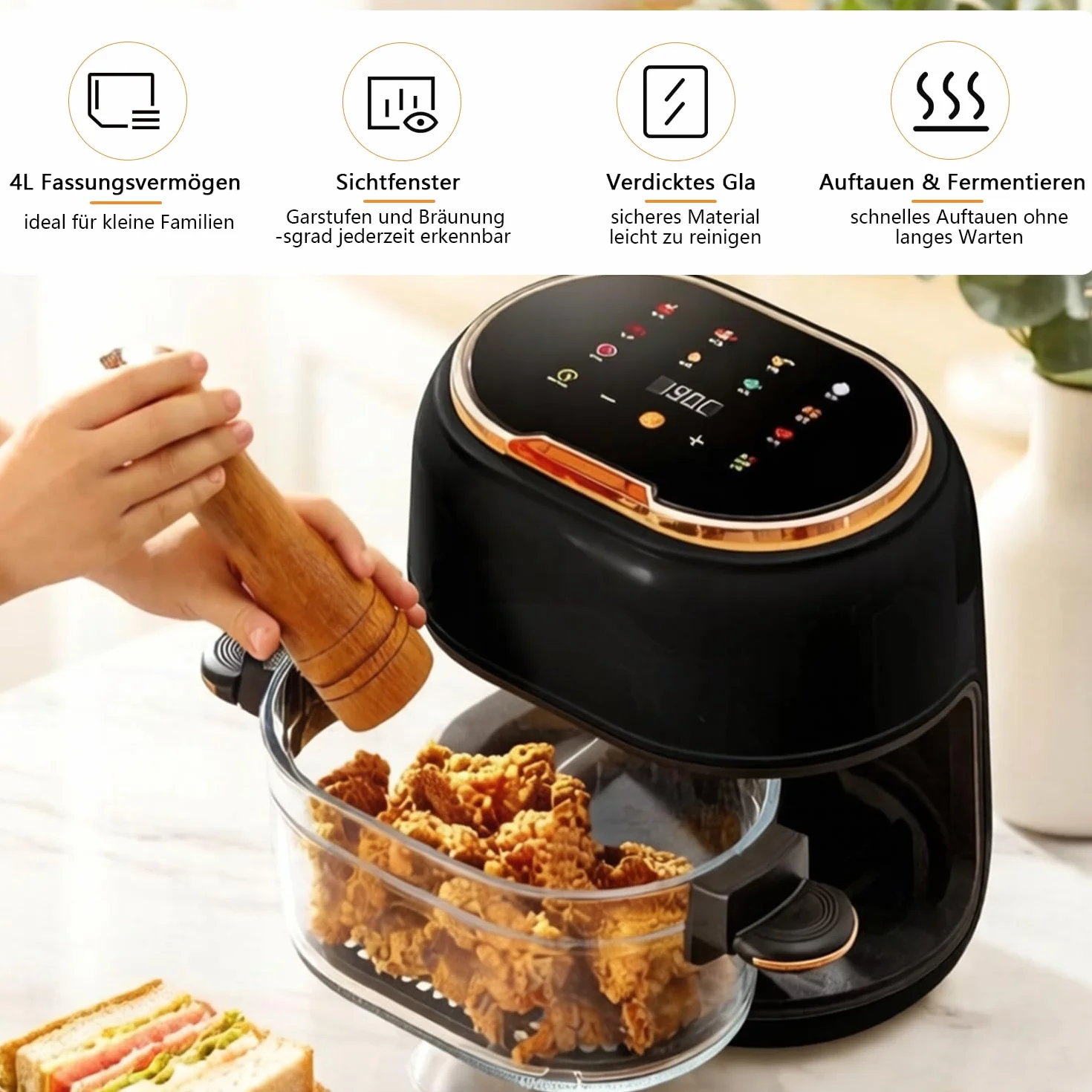 Freidora de aire caliente de 4 L, 1350 W, 9 en 1, multifuncional, pantalla táctil, con cesta de cristal y ventana, 8 programas inteligentes y temporizador de 24 horas, freír, asar, hornear para