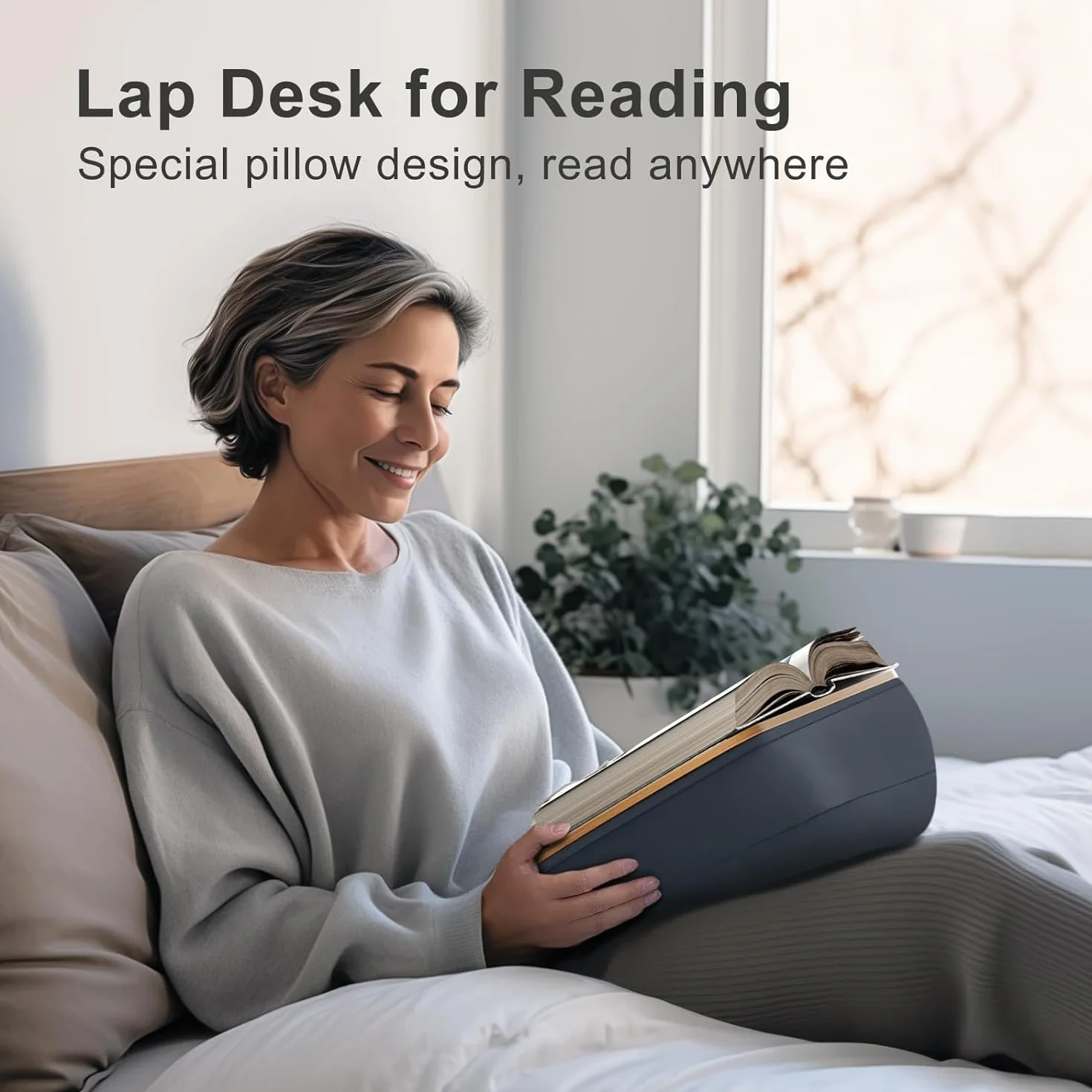 Soporte de Libros para Lectura, cómodo almohada Atril para sofá, cama, escritorio, mesa, regalo para amantes de los libros, compatible con portátil y tablet (Gris)