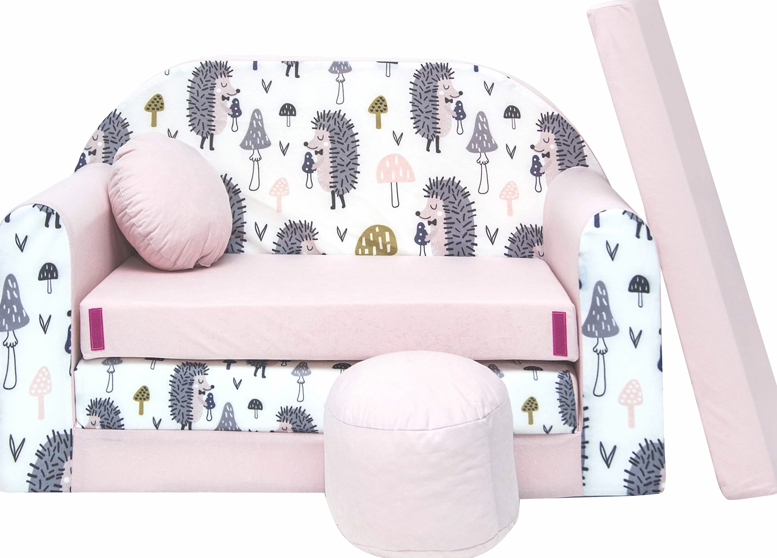 Un sofá Plegable para niños con función de Dormir con Colchón, Cojín y Puf Desenfundables - 98x168x59 cm - Ligero y Fácil de Plegar - Color HX1 Rosa Claro - Erizos