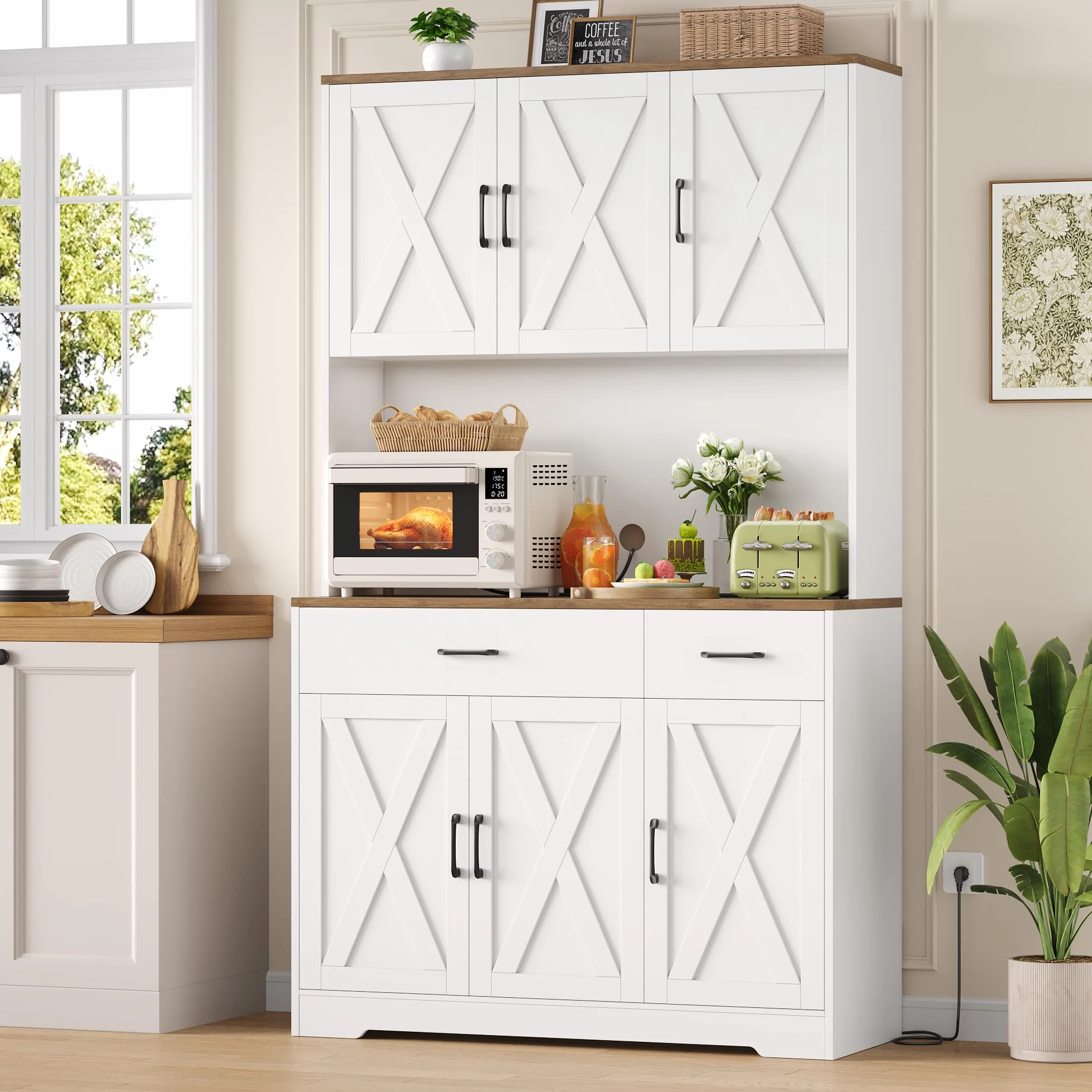 HOCSOK Alacena de Cocina 105x180 cm (BxH)，Armario Blanco con Enchufes, Estantes Ajustables, Mueble de Cocina con Soporte para Microondas, para Comedor Y Sala de Estar