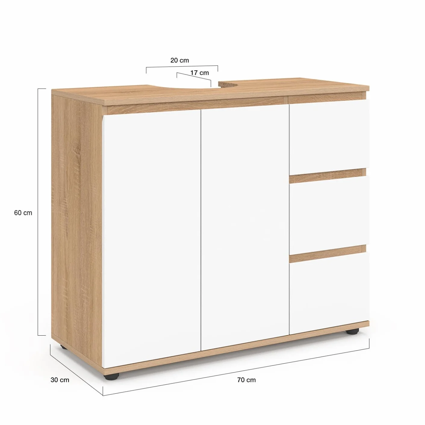 IDMarket: mueble bajo lavabo para baño TOMI con armario y 3 cajones estilo haya y blanco
