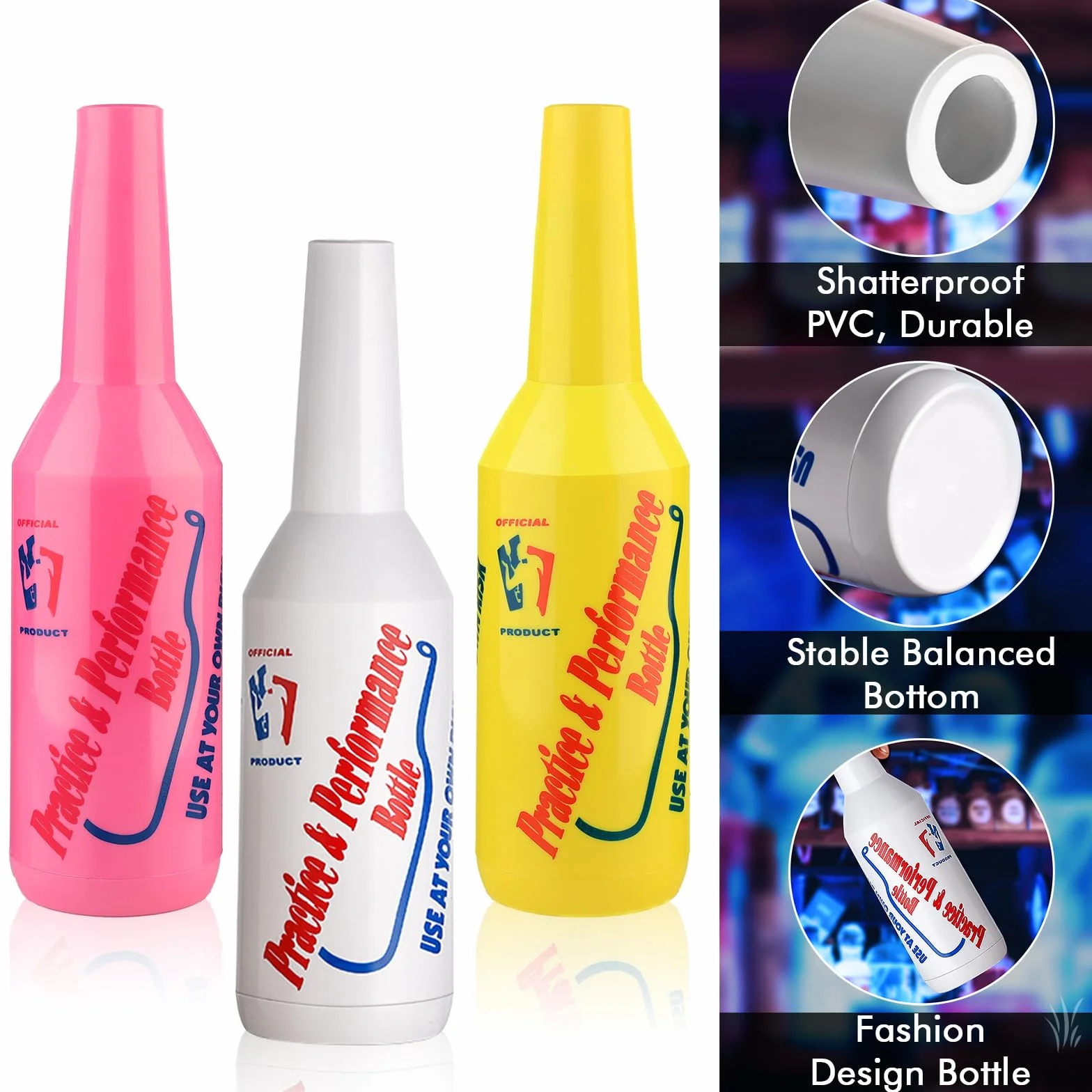 SuproBarware Flair Bottle - Juego de 3 cocteleras, botella de entrenamiento, 750 ml (blanco, rosa, amarillo)