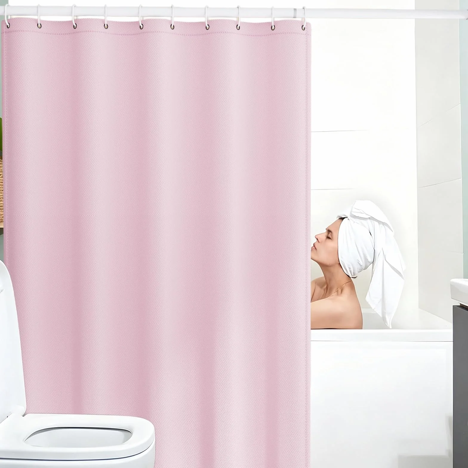 Cortina de Ducha de Tela 240 x 80 cm Cortina de Ducha Resistente Al Moho - Antimoho, Impermeable, Lavable, de Poliéster con Ojales y Anillos, para Baño, Bañera, Rosa