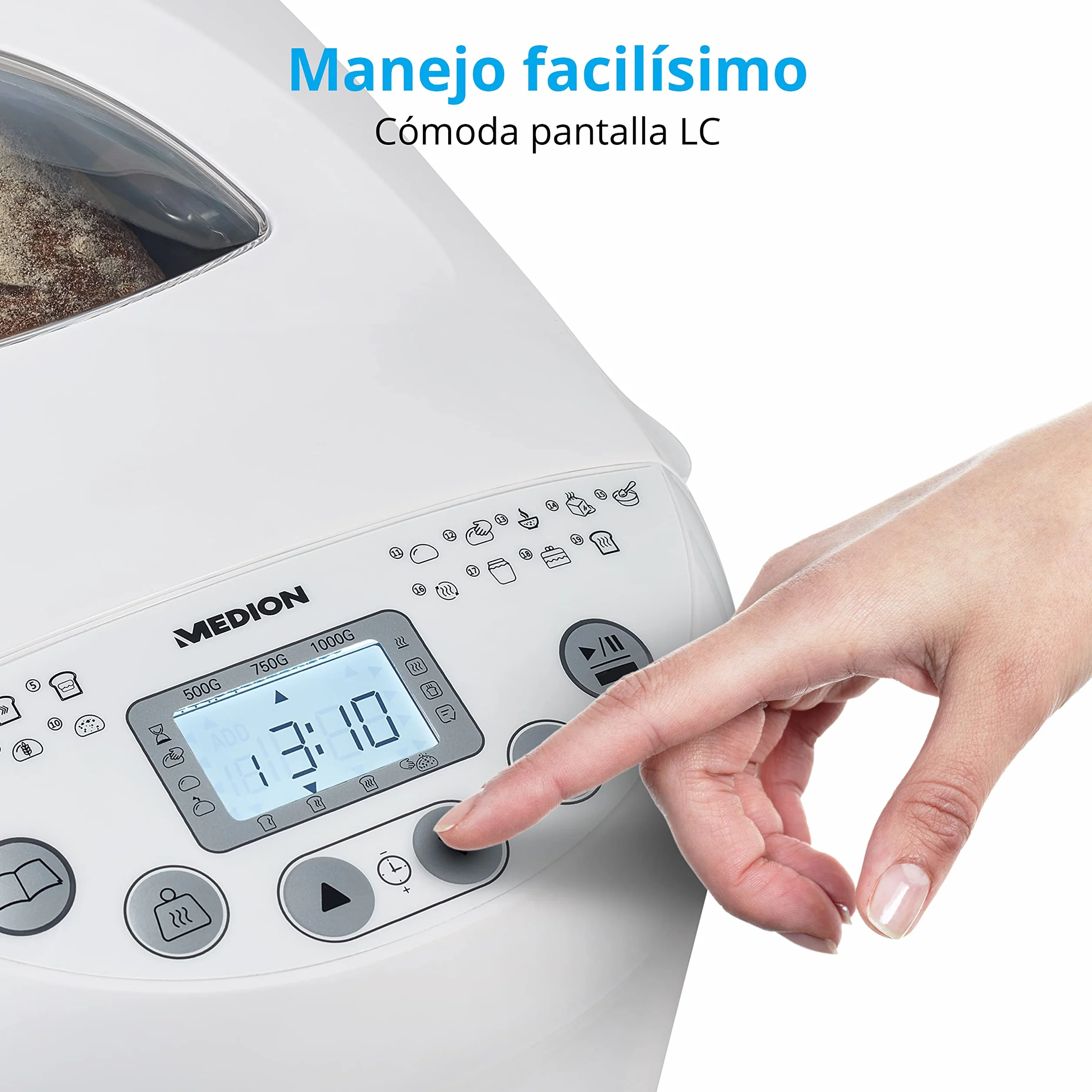 MEDION Amasadora de pan (MD11011) 550W, robot de cocina para preparar pan con capacidad para 1 kg, robot con 19 programas, 3 niveles de tostado y conservación del calor