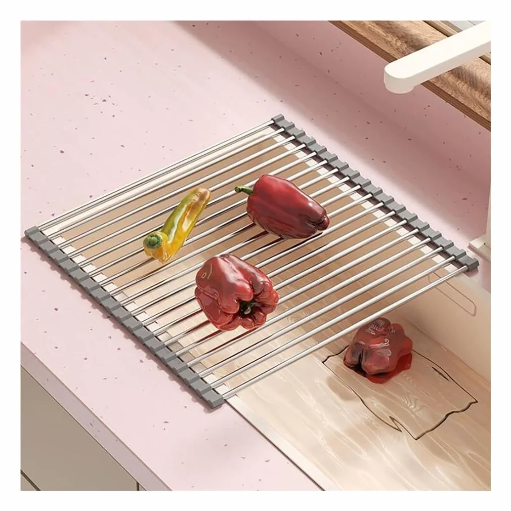 Escurridor de platos enrollable para colocar sobre el fregadero, ideal para la encimera de la cocina. Alfombrilla plegable para escurrir platos sobre el fregadero. Escurridor plegable de acero inoxid
