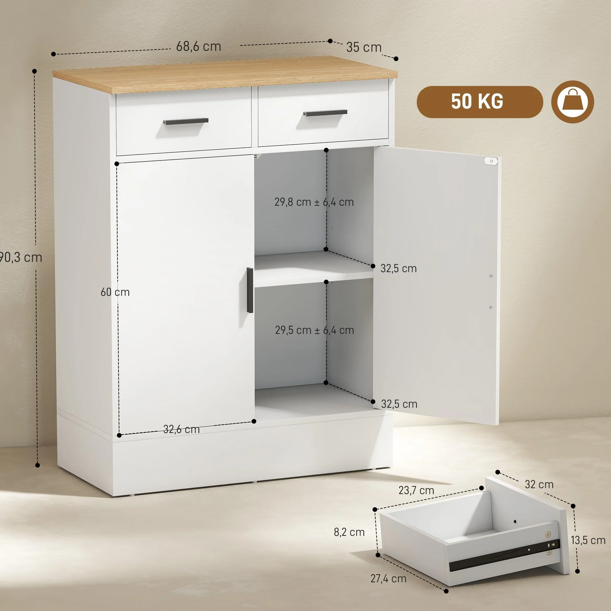 HOMCOM Aparador de 2 Puertas, Aparador de Salón con 2 Cajones y Estantes Ajustables, para Cocina, Entrada, Dormitorio, Blanco y Natural, 68,6x35x90,3 cm