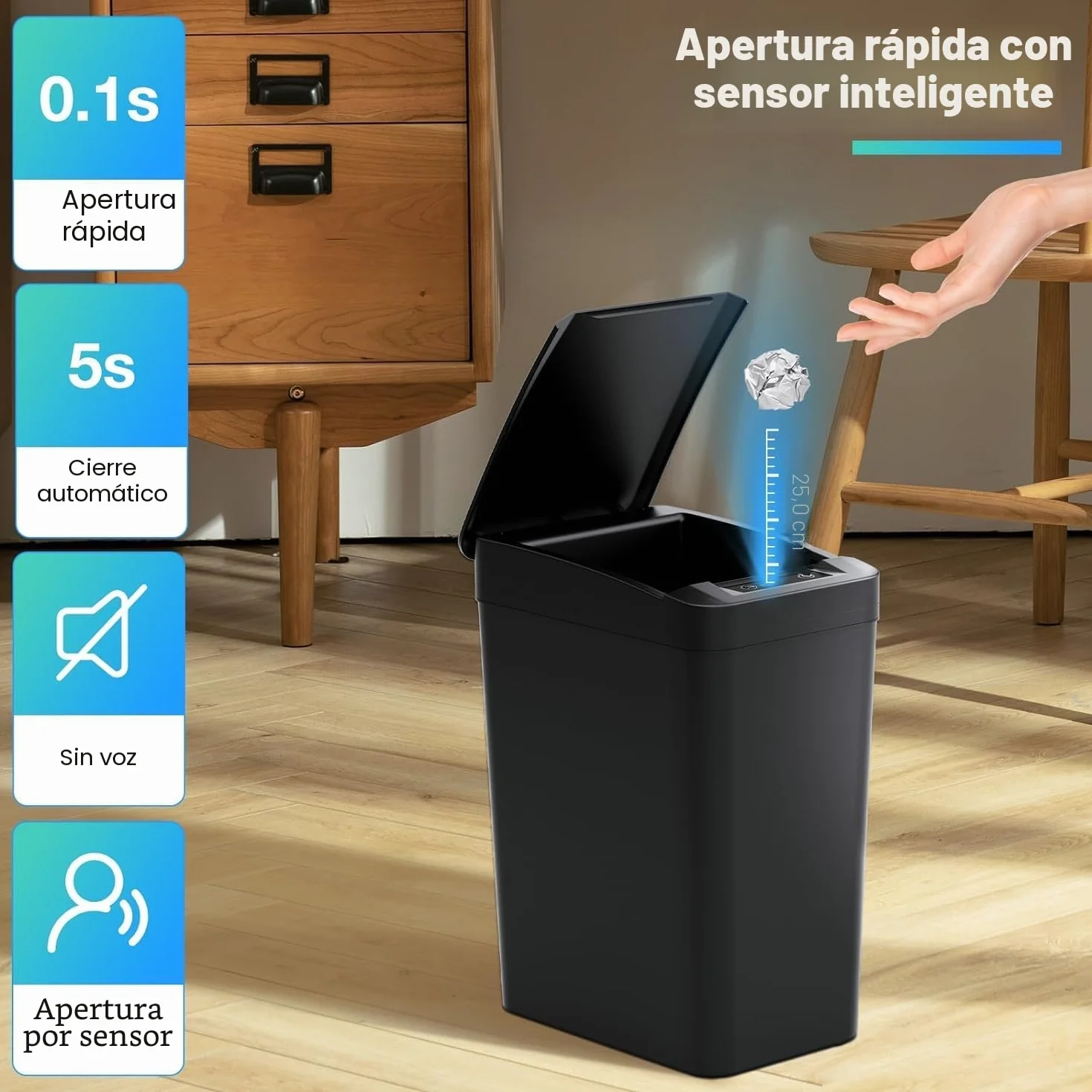 Papelera Automática de Baño 12L con Sensor de Movimiento, Cubo de Basura Inteligente Sin Contacto