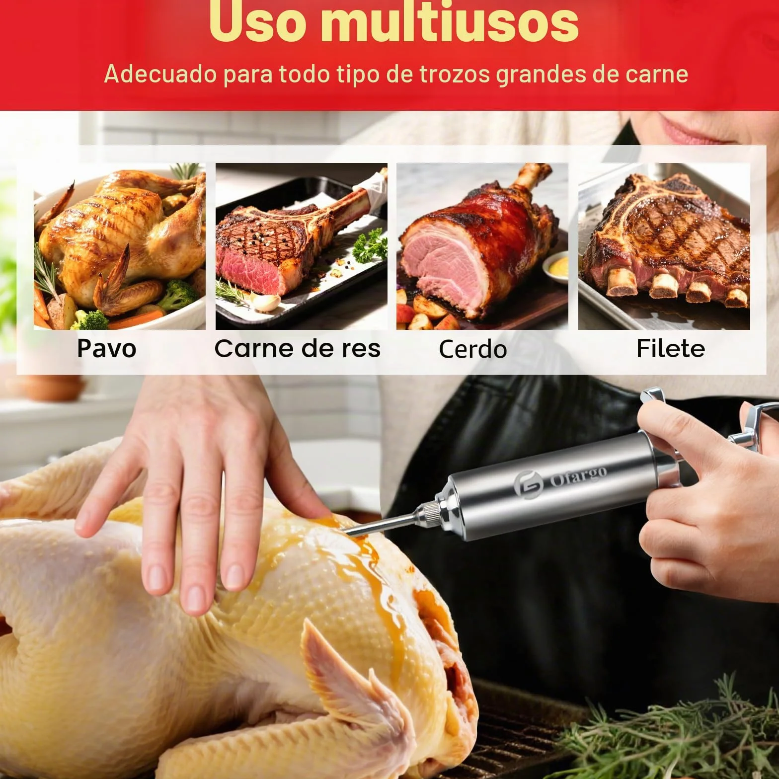 Ofargo Inyector de Condimento con 4 agujas de adobo, Se Utiliza para el Condimento de Carnes Como Carne de res, Pollo, Pavo; Jeringuilla Cocina 60 ml/2 oz; Con bolsa de EVA para guardarlo fácilmente