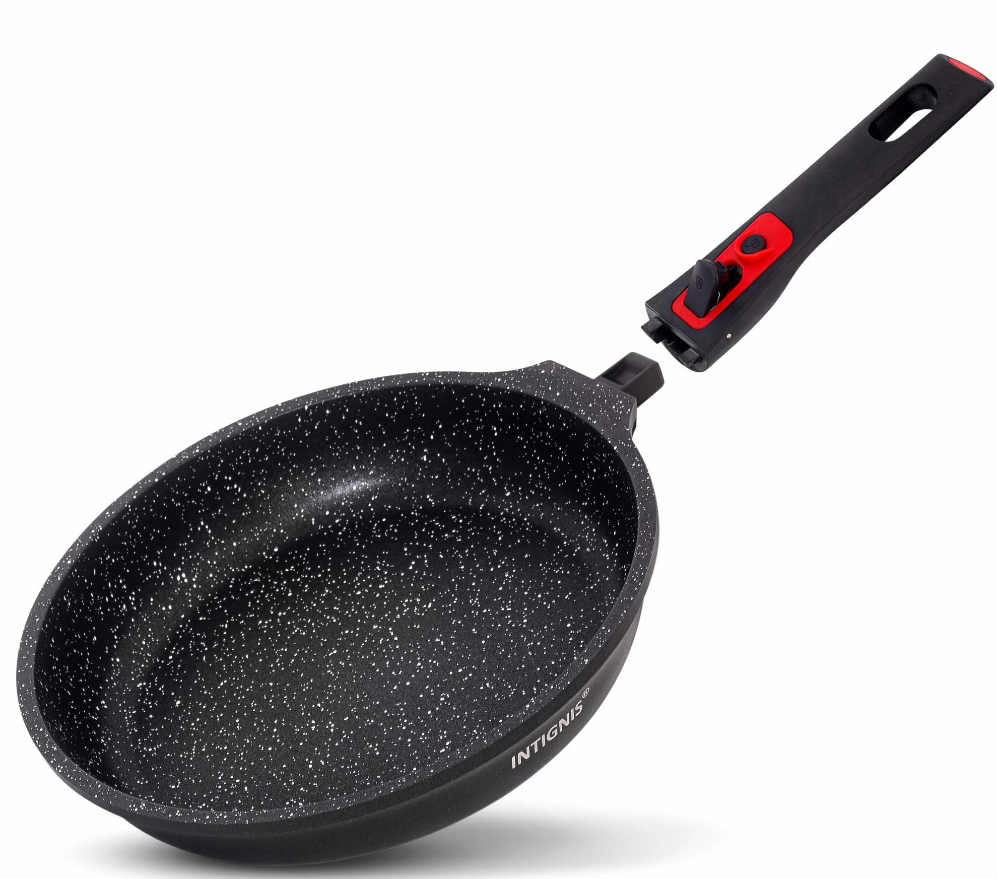 INTIGNIS Sartén Antiadherente | Revestido de mármol | Mango desmontable | Placas eléctricas de gas de inducción seguras | Fácil limpieza ahorro de espacio (1, 24 CM)