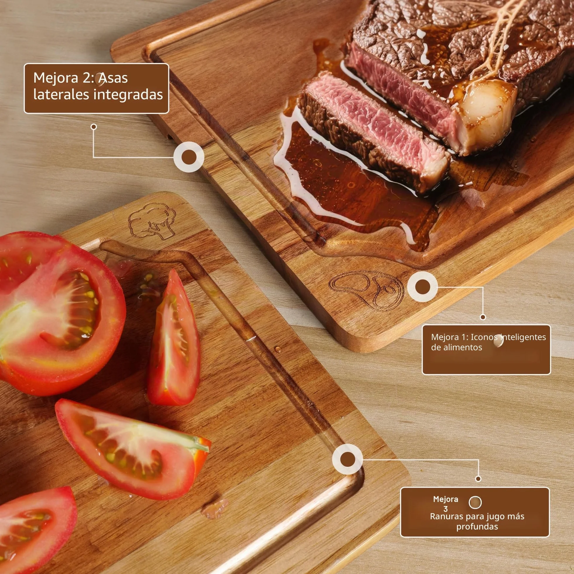 Juego de 4 Tablas de Cortar Acacia Madera Maciza con Canal Antiderrames para Cocina