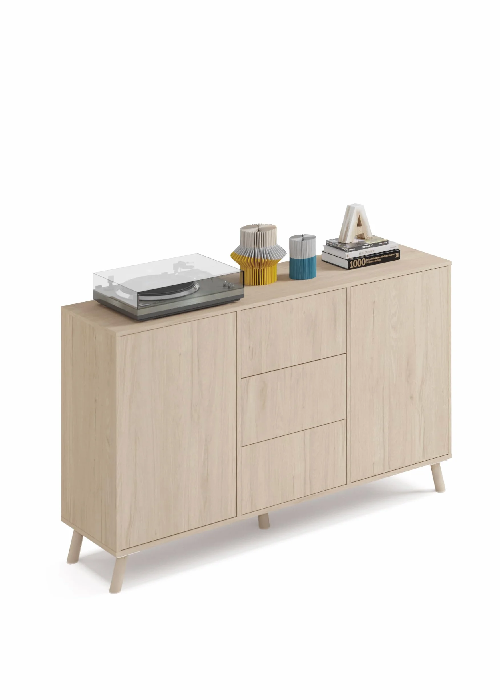 MUEBLES PITARCH | Aparador Salón Comedor, Buffet, Mueble Auxiliar, 2 Puertas y 3 Cajones, Roble Aurora, 89x140x40cm, Despensa, Cocina, Despacho, Tirador Push o Pulsador, Moderno, Nórdico, Modelo Oslo