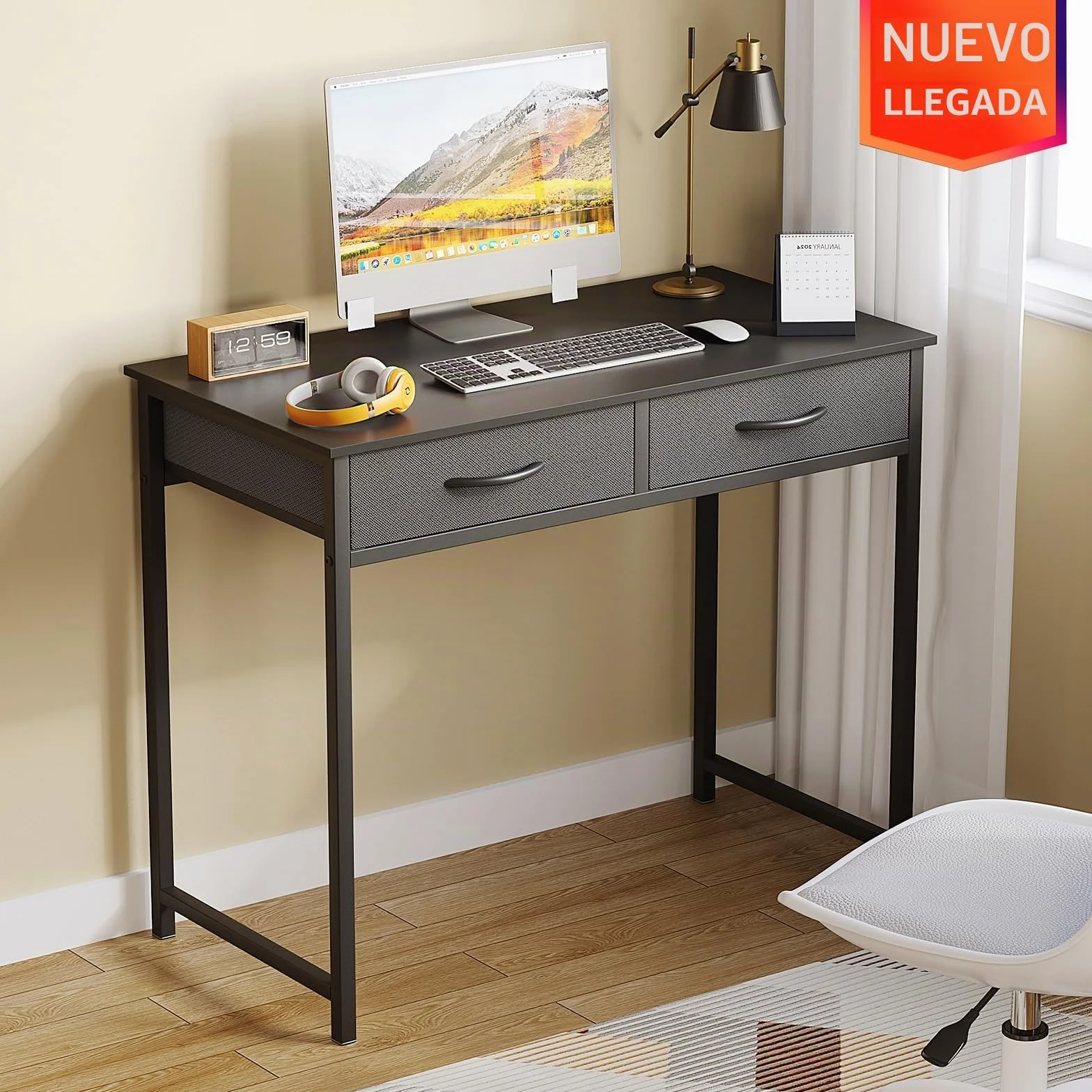 WOHOMO Escritorio pequeño para computadora con cajones, escritorio negro de 31.5 pulgadas con almacenamiento, escritorios de computadora de oficina en casa para espacios pequeños, mesa de estudio de