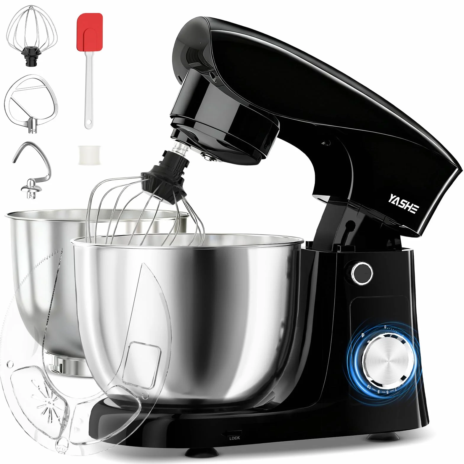 YASHE Batidora Amasadora 1500W, 4,5 + 5L Doble Bol de Acero Inoxidable, 10+P Velocidades, Movimiento Planetario, Cabezal Inclinable, Gancho para Masa, Batidor y Varillas